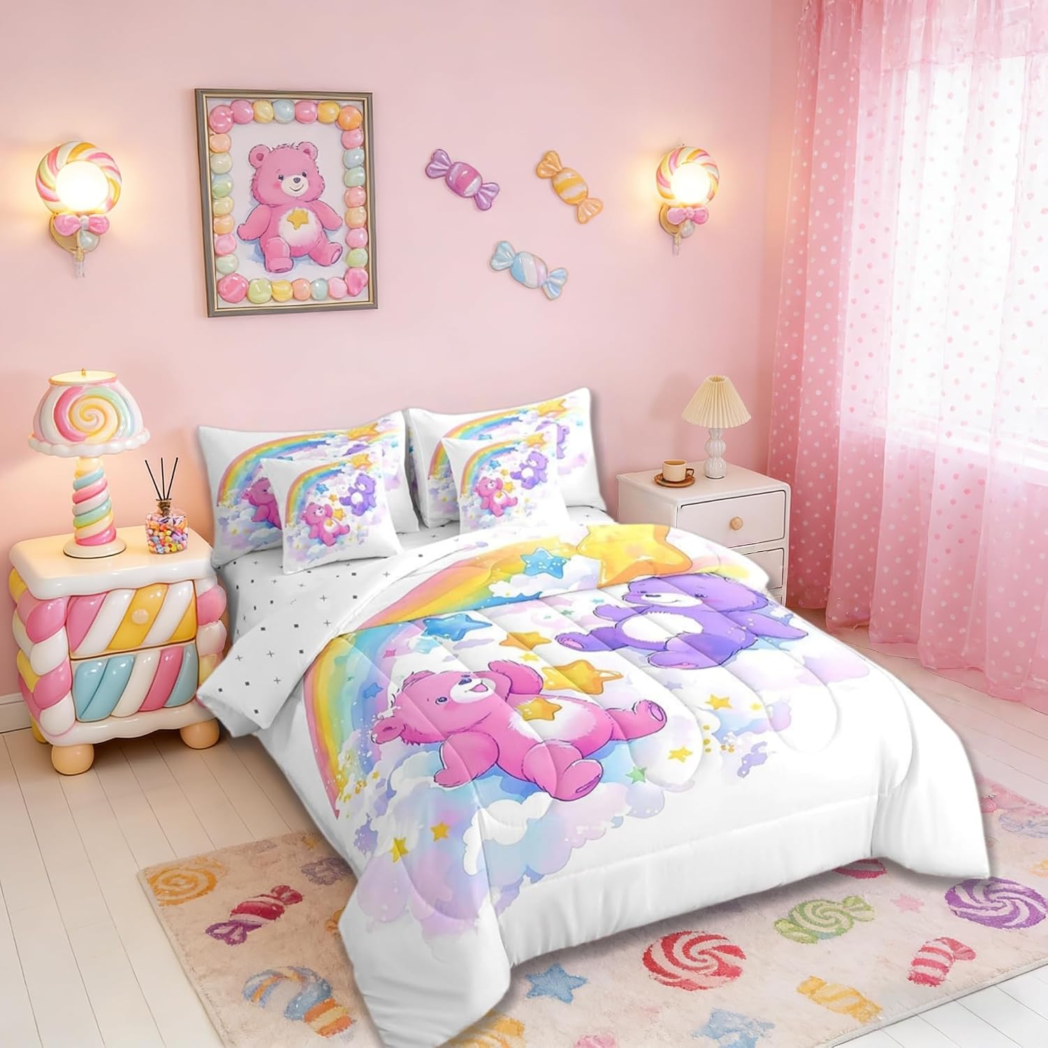 Cartoon Bear Reversible Comforter Set 7 Piece Full Size,Rainbow Stars Cloud Watercolor Painting Bed Sheet Set Cute Pink Purple Bear Kawaii Animal Bedding Set with Comforter,Fitted & Flat Sheet