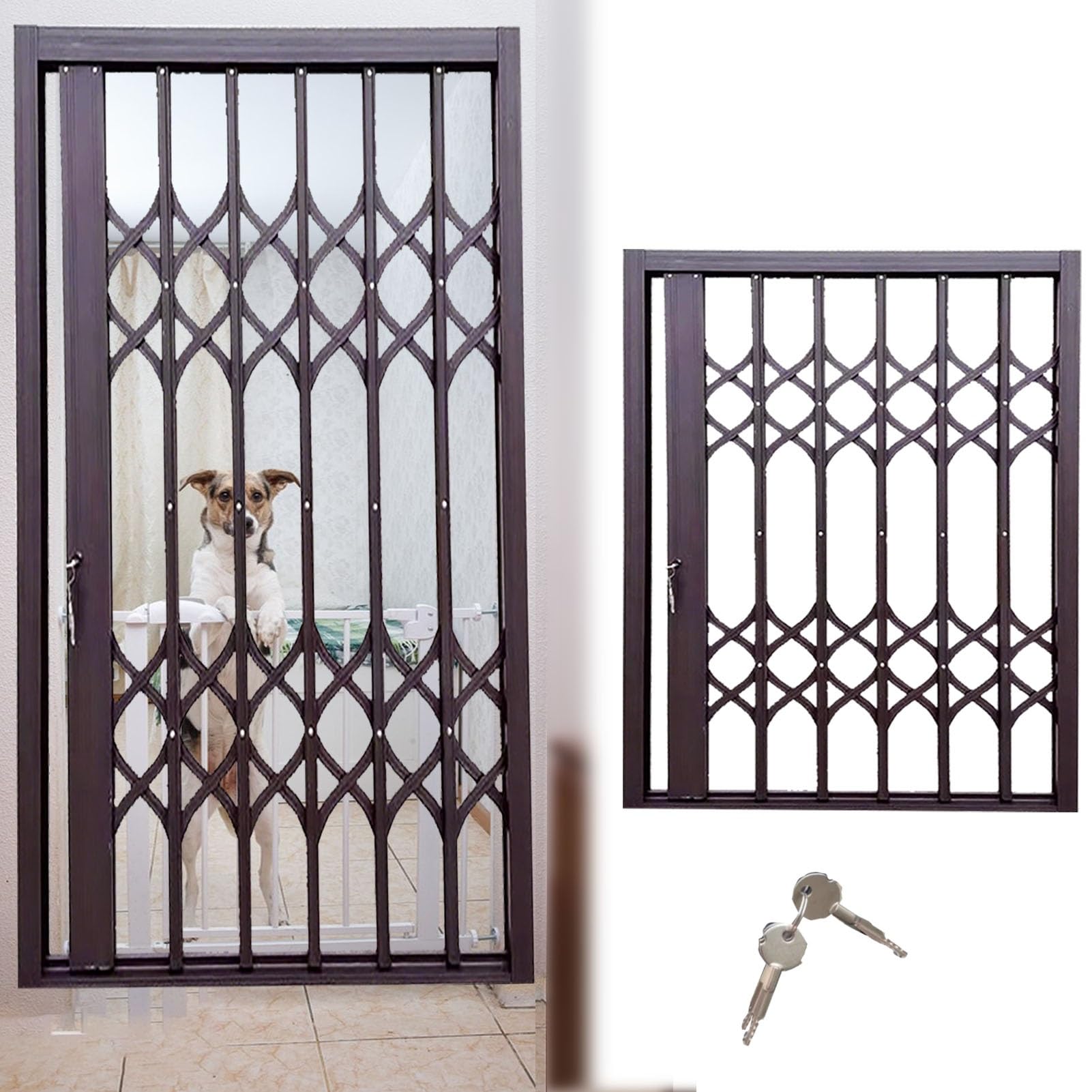Cancelletto di sicurezza per interni con serratura e chiave, rete di protezione pieghevole per cani e gatti, barriera antifurto in alluminio (51 x 61 cm) - Sicuro per bambini e animali domestici