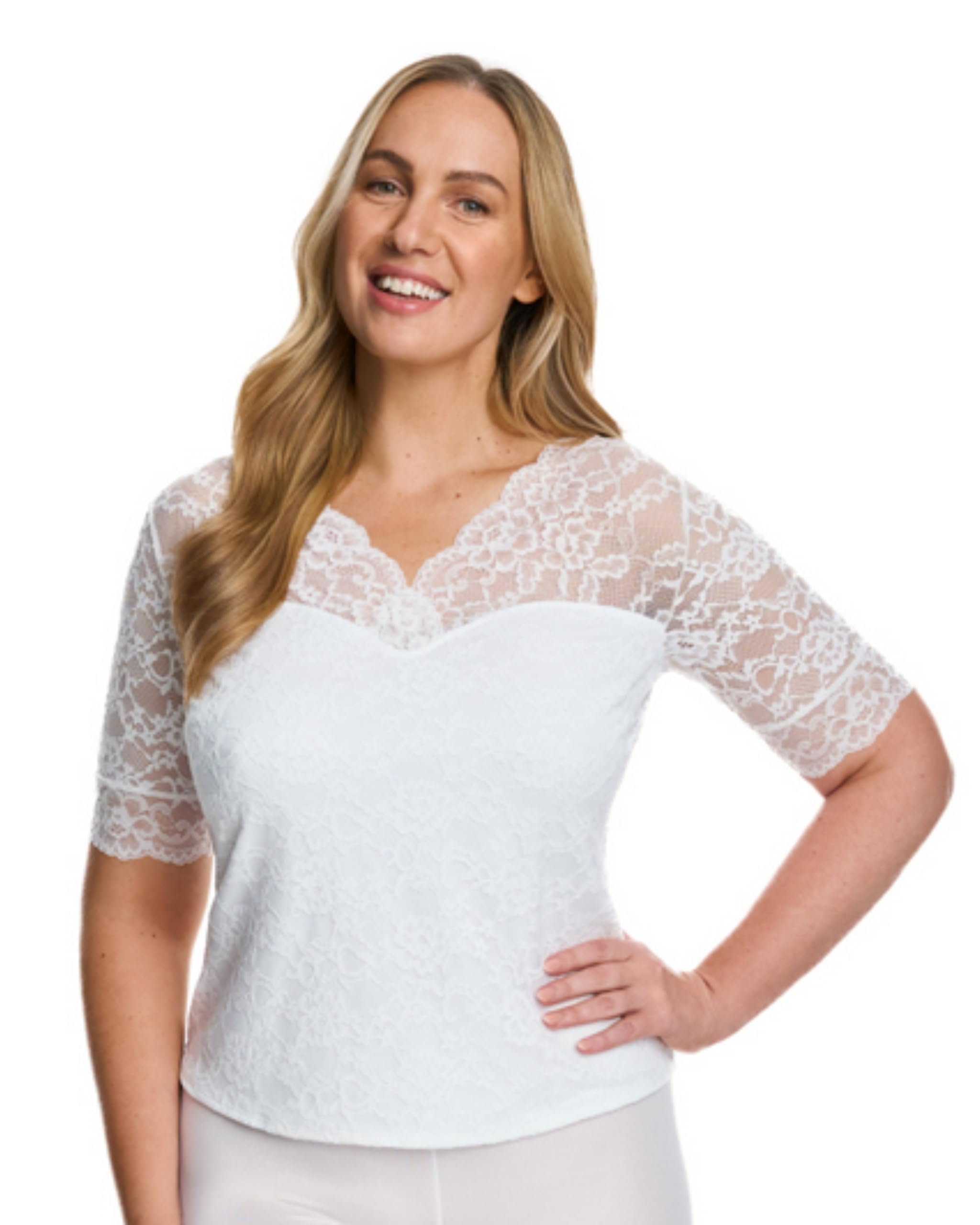 SUSA Damen Dirndlbluse - 5576 - Größe 32-44 - Mit floraler Spitze & V-Ausschnitt - Elegante halbarm Trachtenbluse - Elastisch & Blickdicht - Ideal für traditionelle Feierlichkeiten & Feste