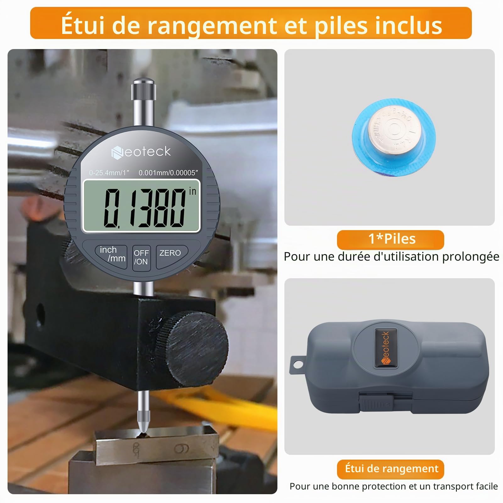 Neoteck 25.4mm/0.001mm Comparateur Numérique - Jauge de Précision Digitale à Affichage LCD Haute Résolution 0.00005" Conversion mm/pouce Zéro Instantané Outil de Mesure Électronique pour Atelier, Usin