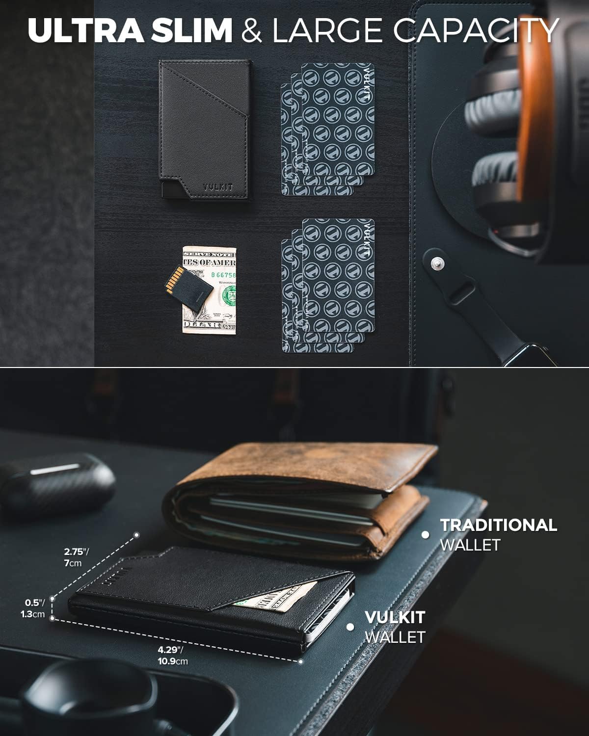 VULKIT Pop up Card Wallet RFID Blocking Slim Aluminum Metal Bank Card Holder Case with Business Money Pocket for Credit Cards Notes and Coins (Black) - Image 2