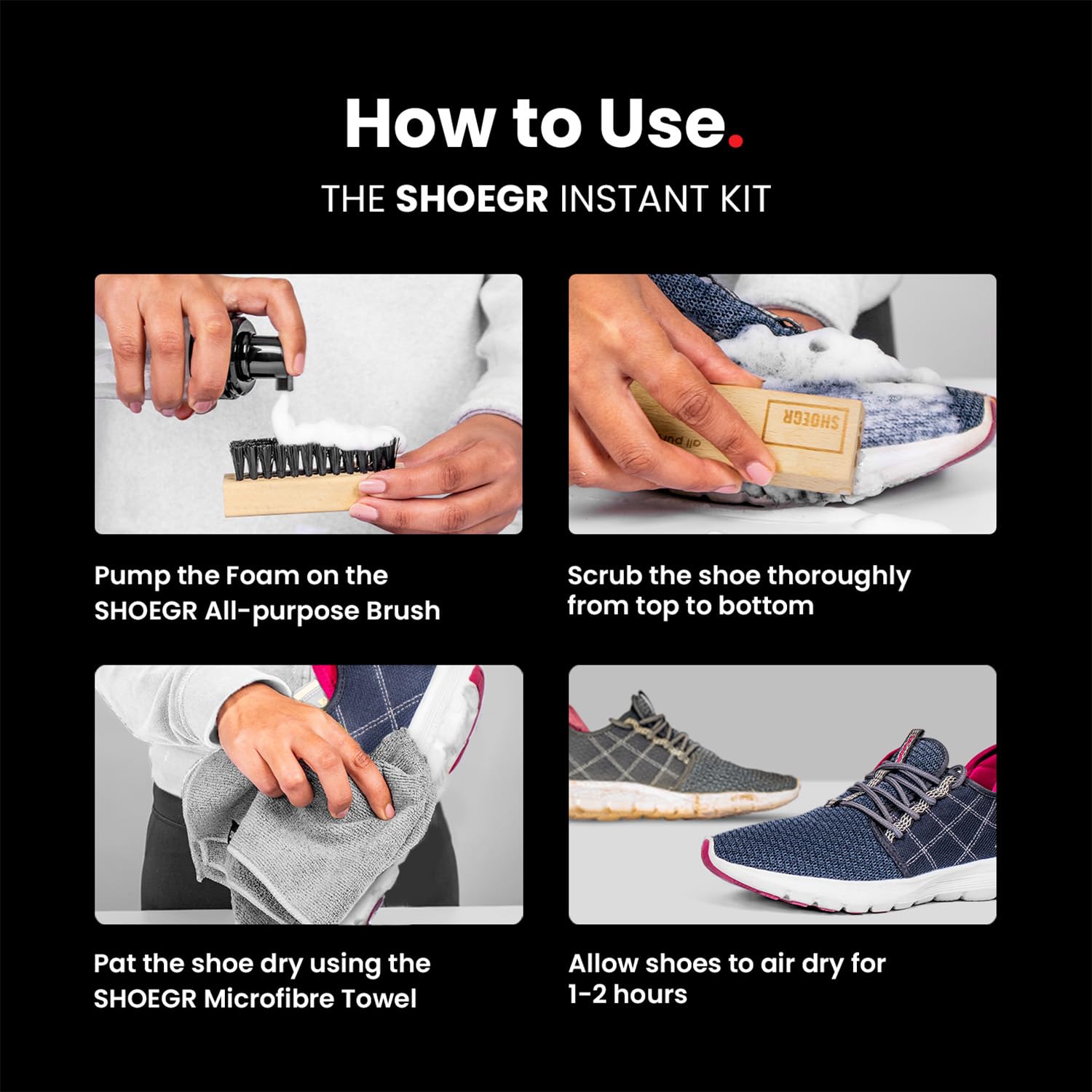 SHOEGR Shoes Cleaner | Shoe Cleaning Foam Spray with Medium Bristle Brush | Sneaker Cleaning Kit for White, Sports & Casual Footwear | Easy to Use 3