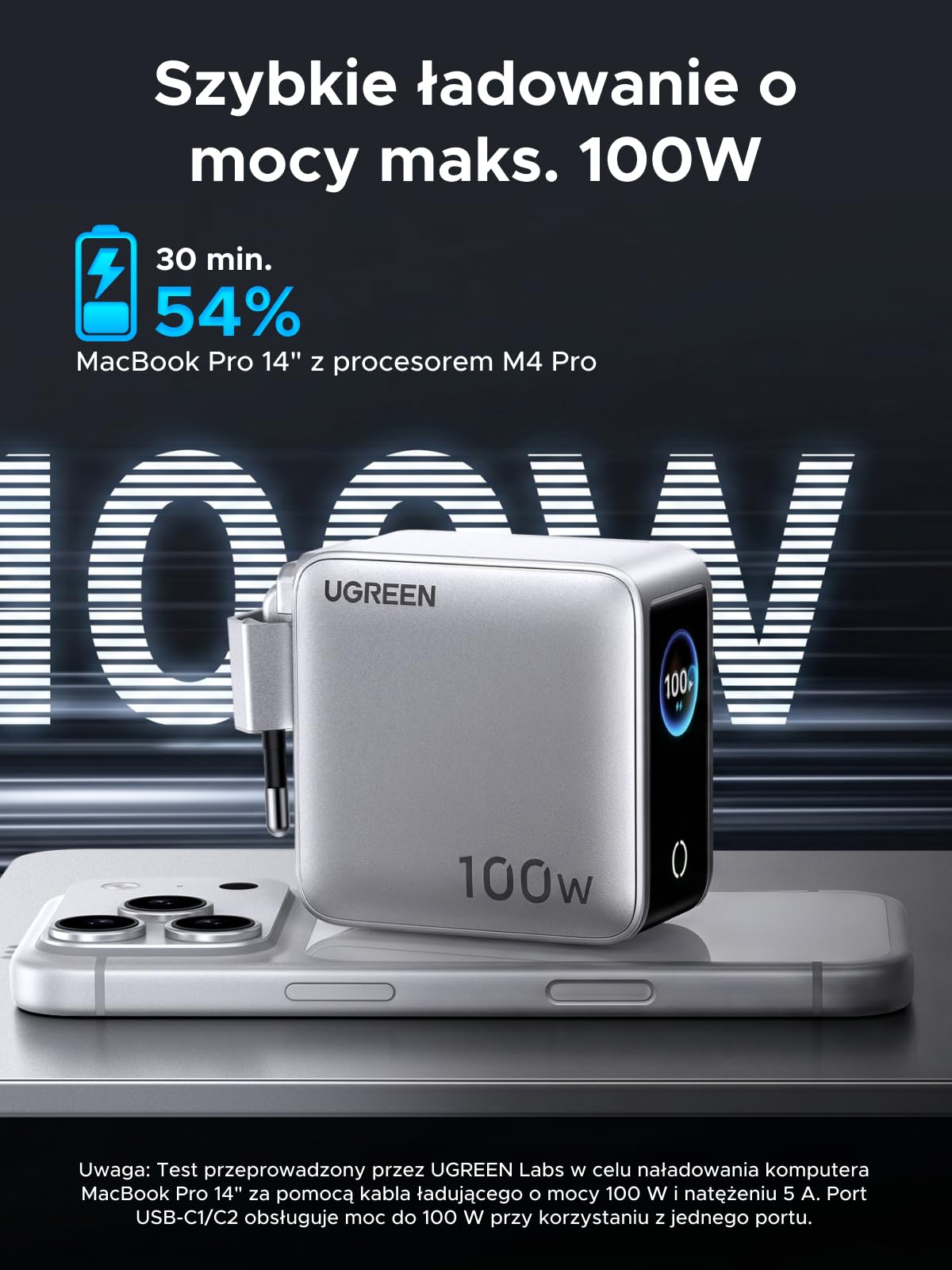 UGREEN Nexode Pro Ładowarka 100W USB-C 4 w 1, inteligentny wyświetlacz | Wyświetla stan ładowania w czasie rzeczywistym, ładowarka do laptopa, kompatybilna z MacBook Pro/Air, iPhone, Galaxy S26,iPad
