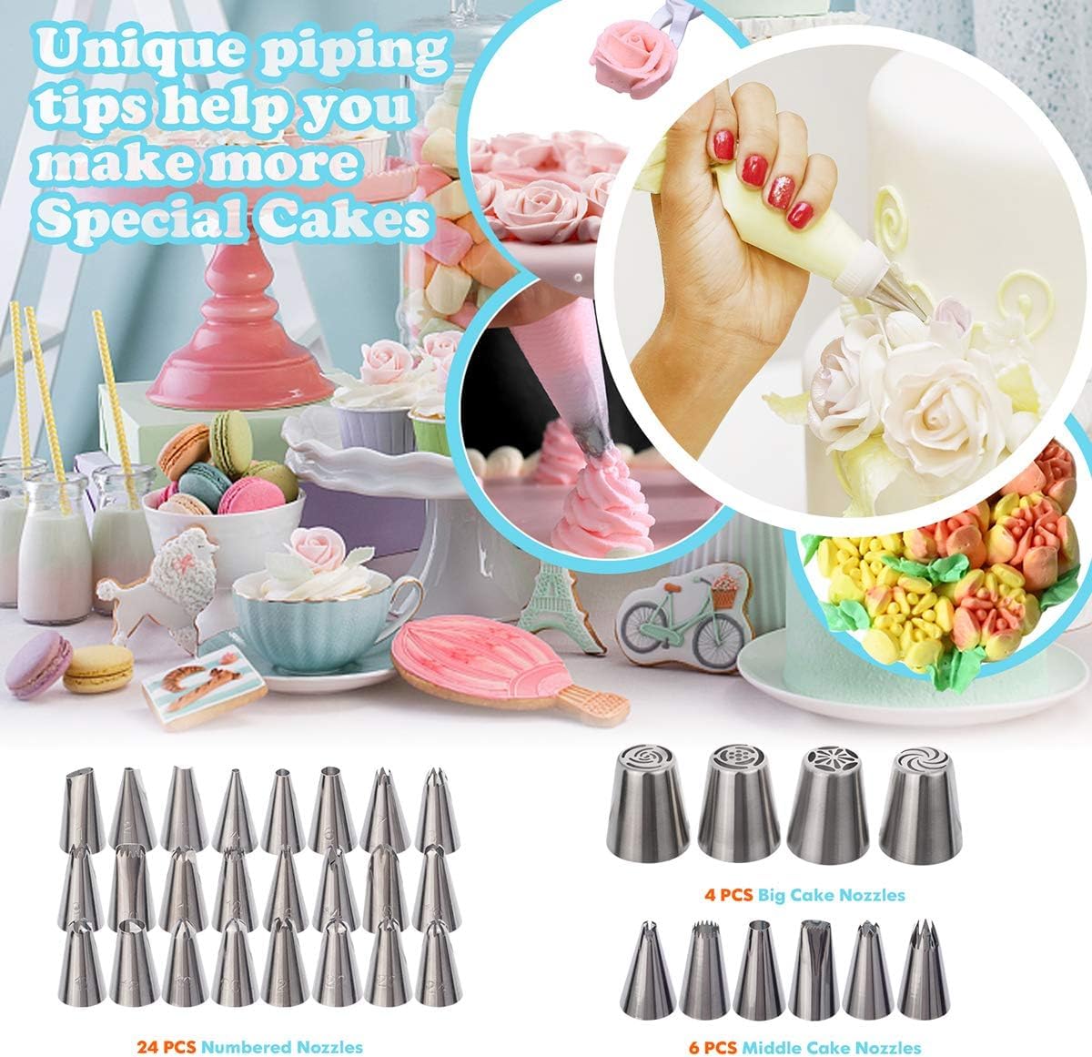 Kit de 207 piezas de suministros de decoración de pasteles para principiantes, tocadiscos de tartas, más de 100 bolsas de tuberías, tuberías rusas
