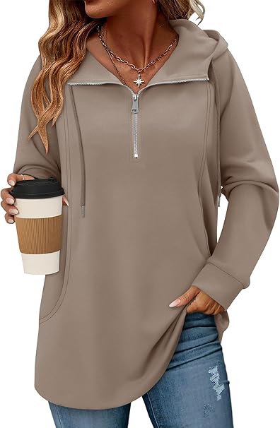 onlypuff Women Hoodie Pullover Trendy Quarter Zipper Lapel Sweatshirts Drawstring Cute Hooded Tunic Tops with Side Pockets