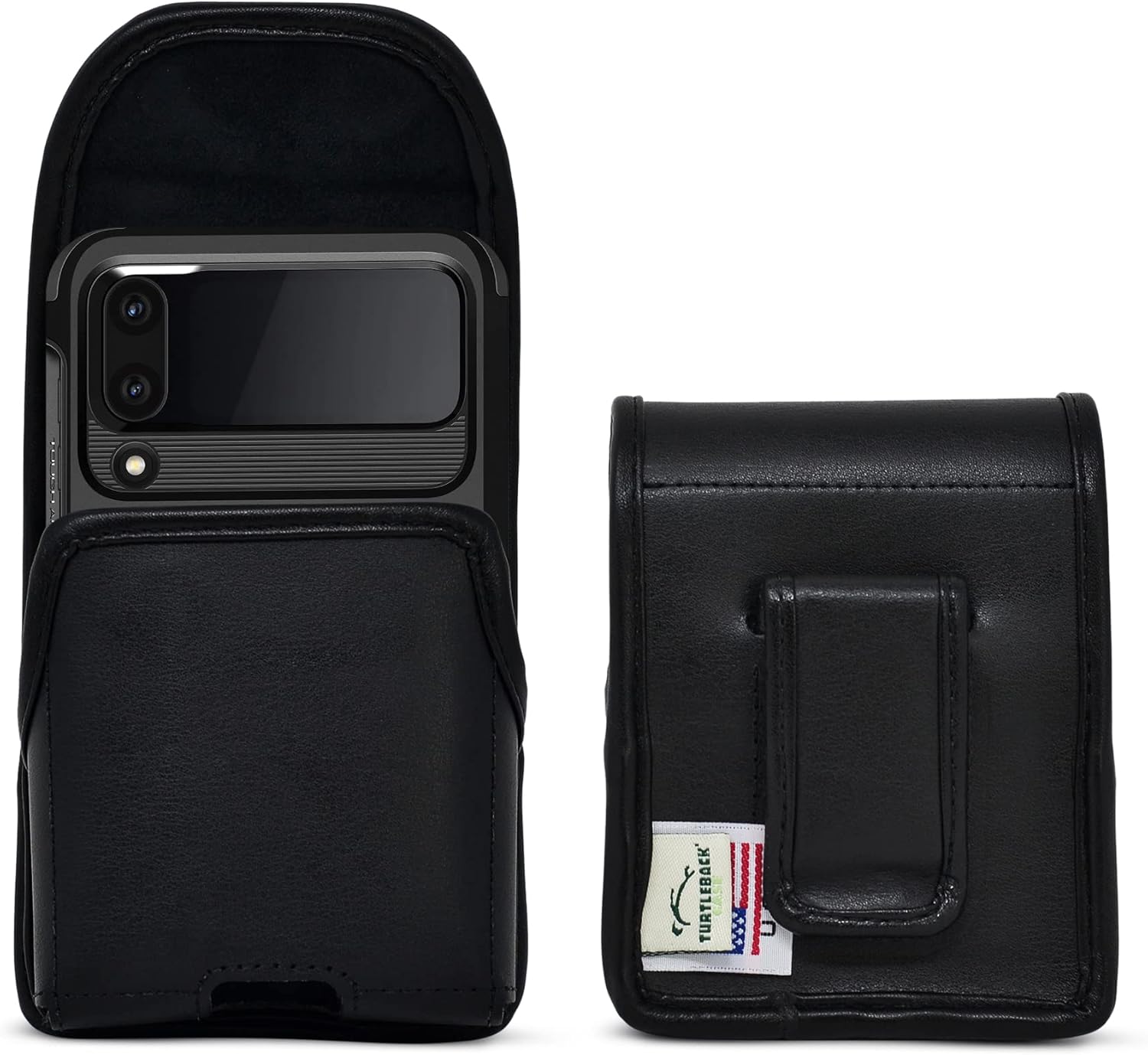Turtleback Holster Designed for Galaxy Z Flip6 Flip 5 and 4 with Bulky Fit Case, Vertical Belt Case Black Leather Pouch with Executive Belt Clip,