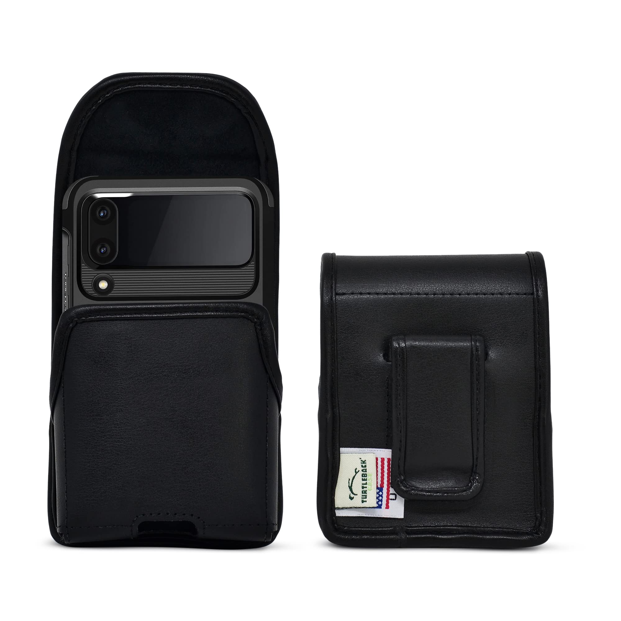 TurtleBackHolster Designed for Galaxy Z Flip6 Flip 5 and 4 with Bulky Fit Case, Vertical Belt Case Black Leather Pouch with Executive Belt Clip,