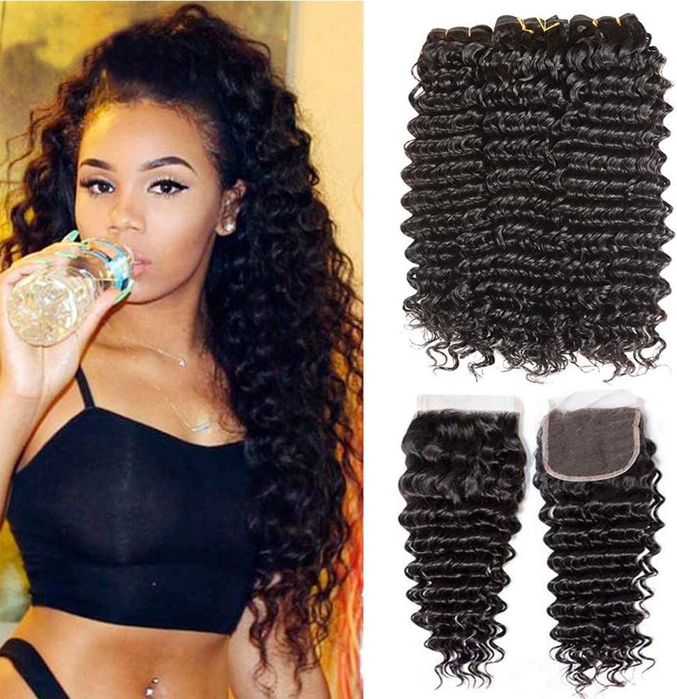 Deep Wave Bundles with Closure Brazilian Human Hair 3 Bundles with 4x4 Lace Closure 10A 100% Unprocessed Virgin Deep Curly Weave Hair Extensions Natural Color for Black Women (10 12 14+10, Free Part)
