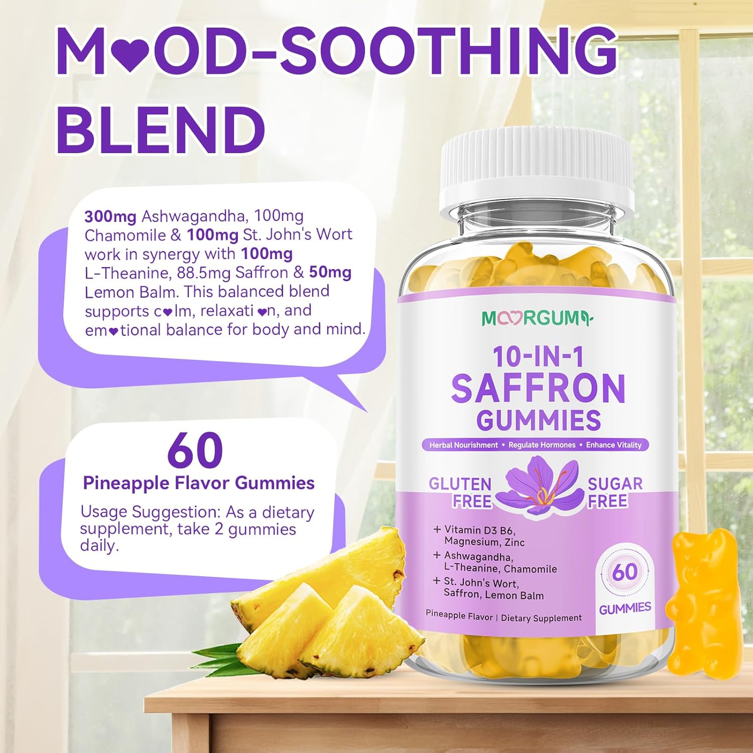 Saffron Gummies for Adult Kids, 10-IN-1 Cortisol Support Supplement with Saffron 88.5mg, Vitamin D3, B6, Magnesium, Zinc, Ashwagandha, L-Theanine, St. John's Wort, For Emotions, Slumber, 120 Count