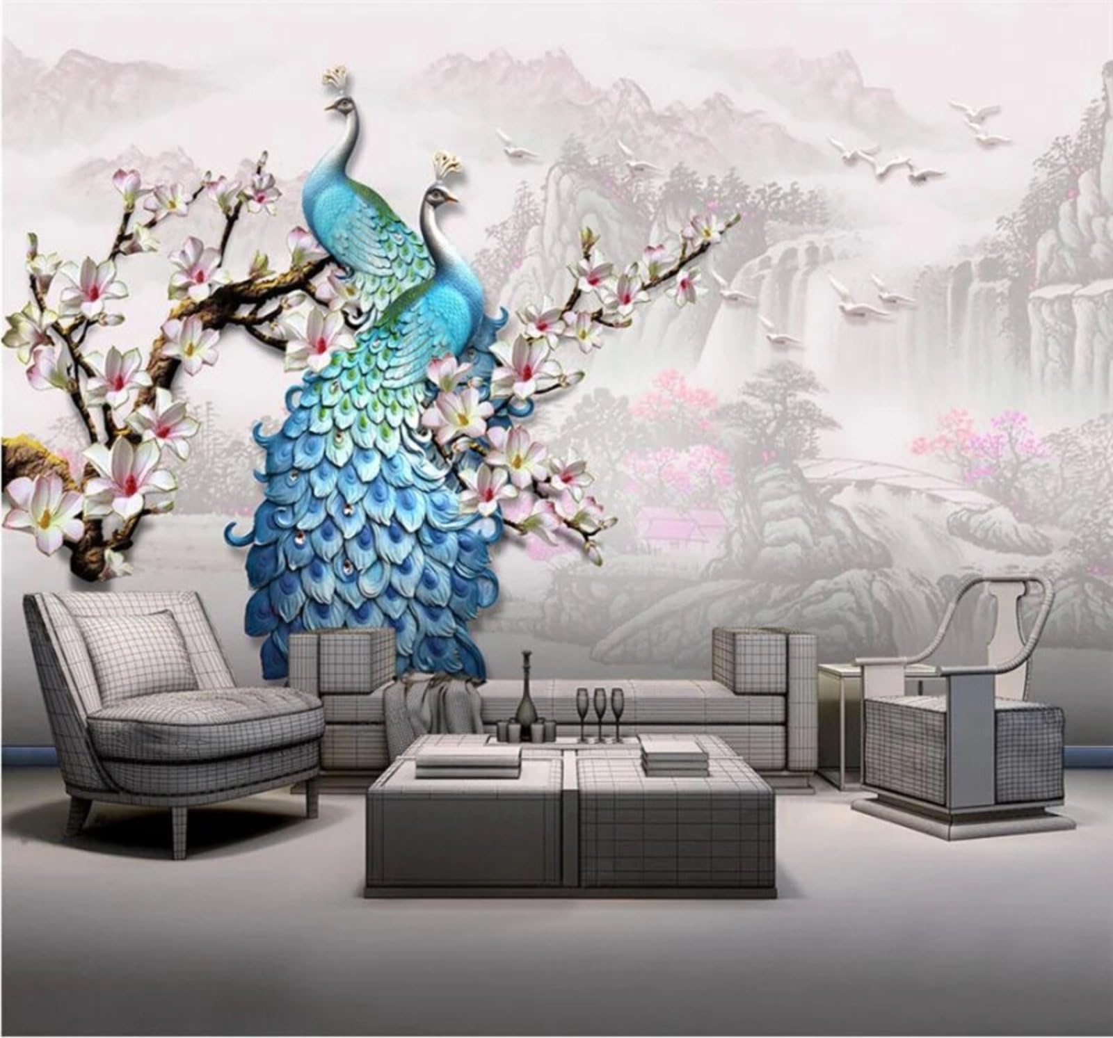 Three Dimensional Relief Blue Peacock Magnolia Landscape 3D Wallpaper Easy Install Feature Office Living Room Sofa Bedroom TV Background Wall Decoration-400cm×280cm