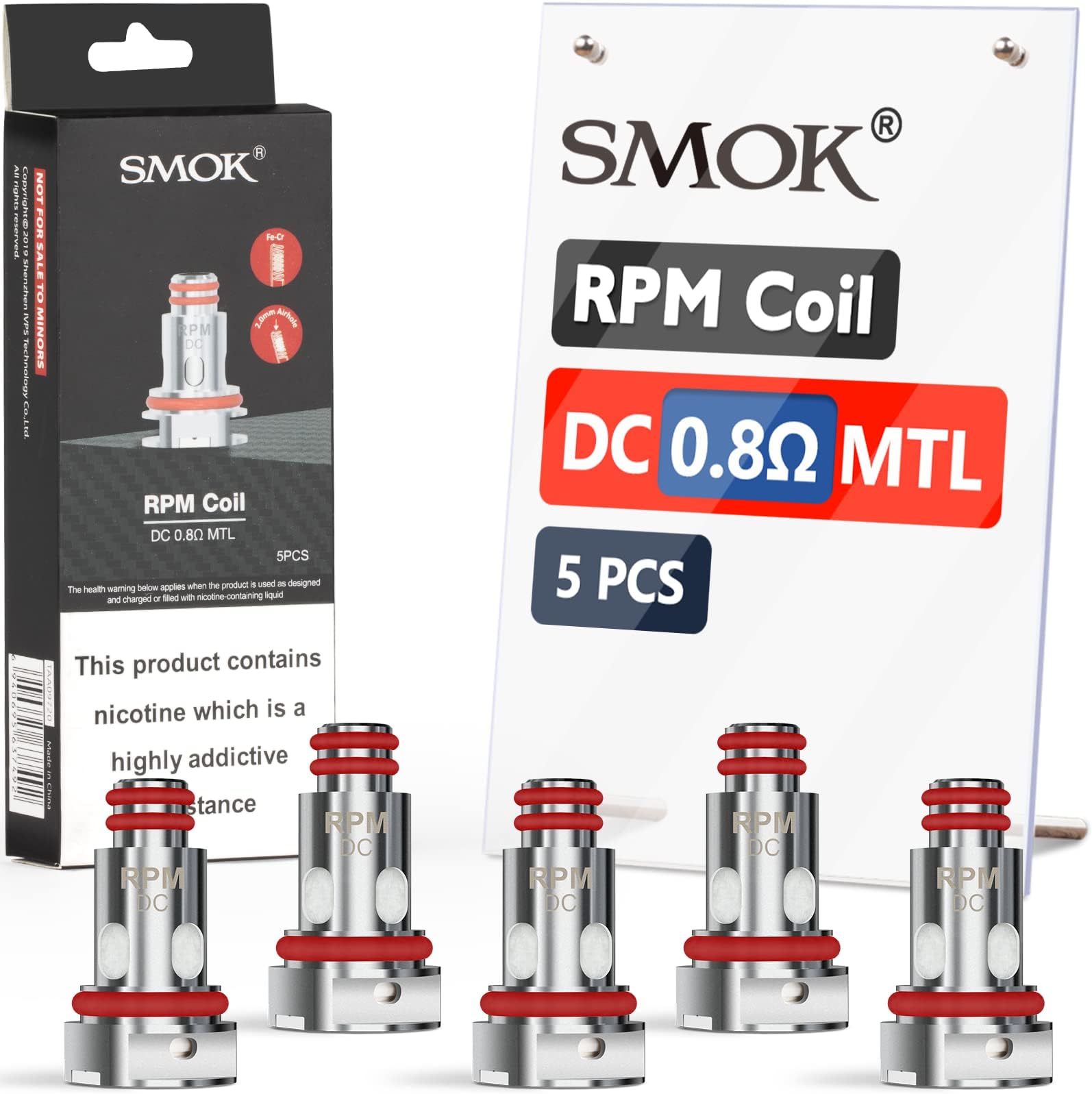RPM Coil DC 0.8 ohm, RPM Pod Coilhead, 5pcs No Nicotine, 2ml Capacity, AMZ UK Edition with Exclusive Barcode