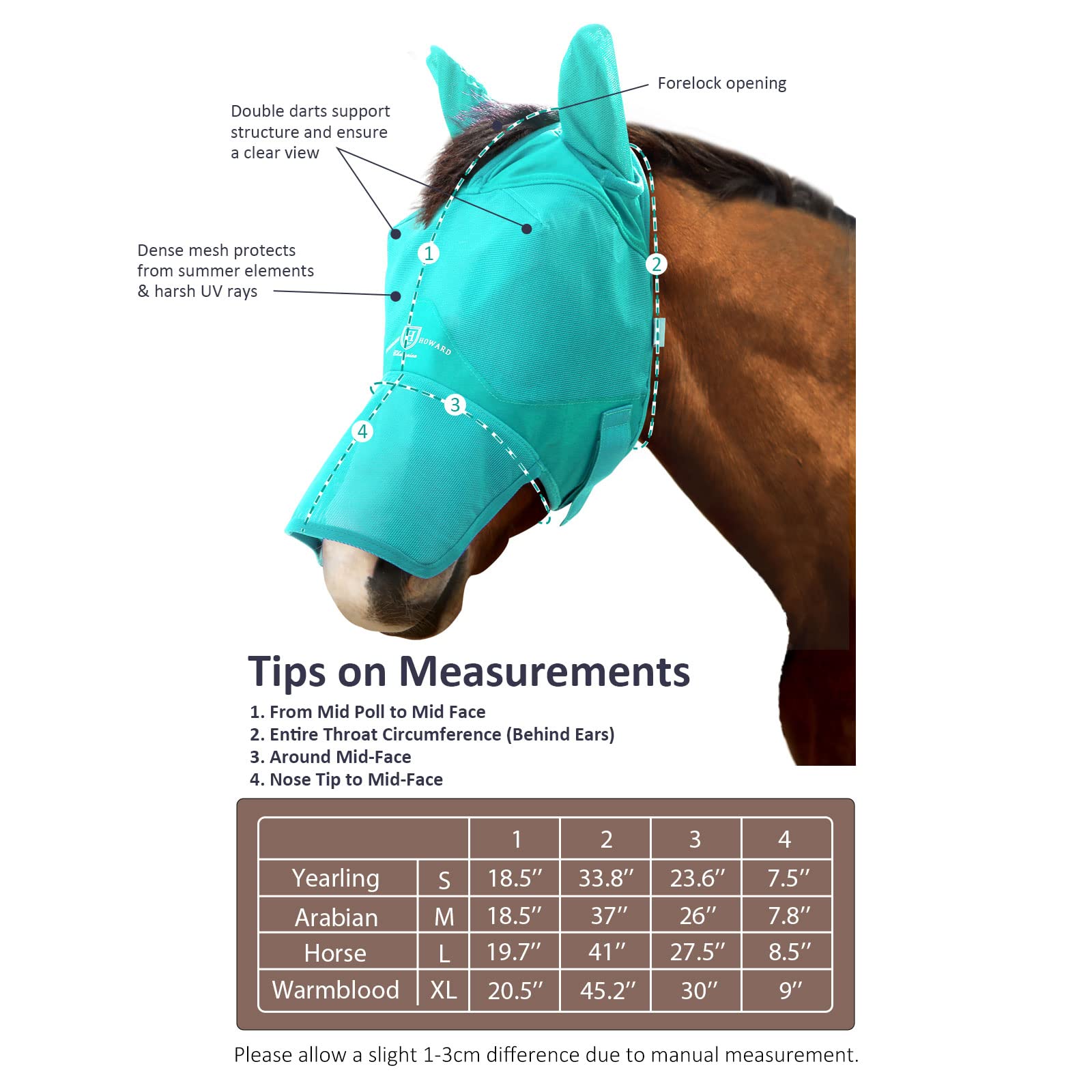 Harrison Howard Masque anti-mouches anti-UV, ouverture Forelock Protection fiable Cheval Long nez avec oreilles Menthe Arabe Medium