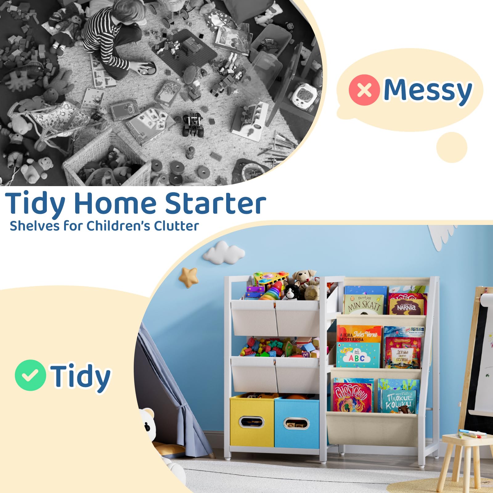 Estantería organizadora de juguetes para niños, estante para libros para habitaciones de niños, 6 contenedores de juguetes para niños y 3 eslingas para niños, estantería Montessori para guardería 4