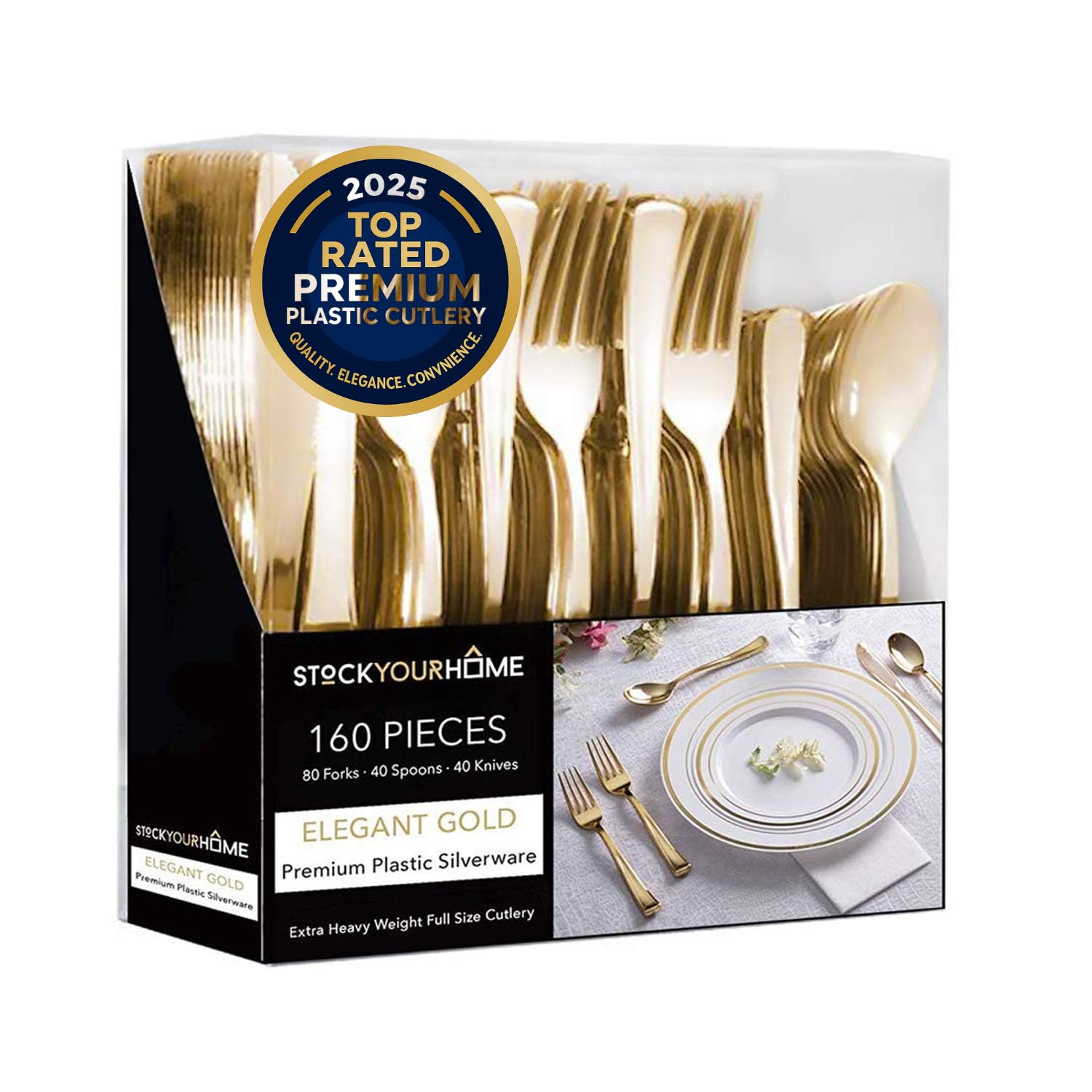 Gold Plastic Silverware Set (160 Bulk Pack) Disposable Cutlery Utensils, 80 Gold Forks, 40 Gold Knives, 40 Gold Spoons, Heavy Duty Flatware For Holidays, Parties, Dinners, Weddings, and Occasions