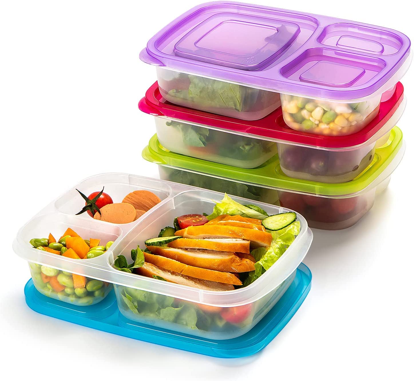 3 Pack Bento Lunch Box with 3 Compartments, Meal Prep Container, BPA-Free Stackable Plastic Leakproof Food Storage Box, Microwave, Dishwasher & Freezer Safe