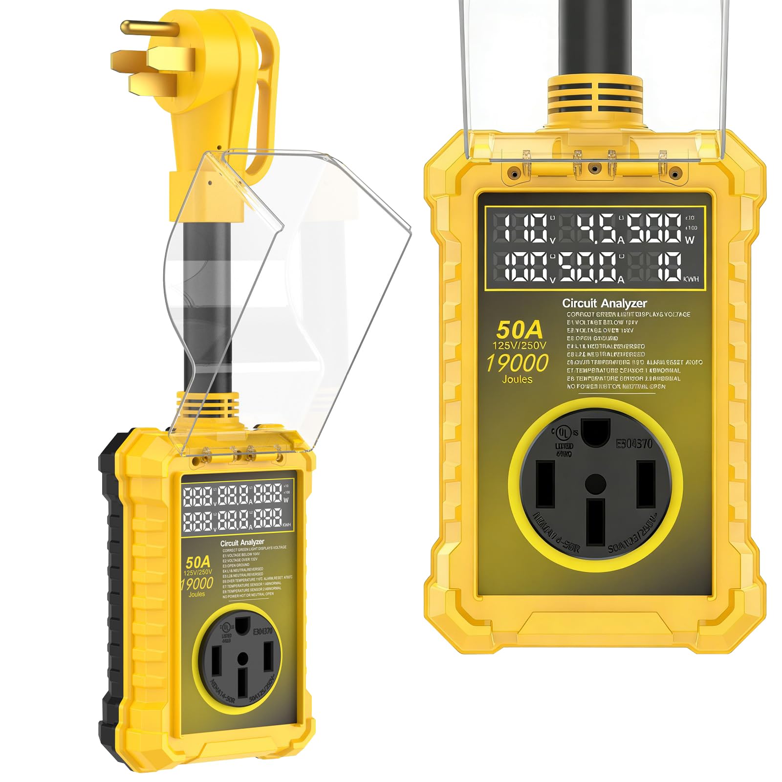 Protector de sobretensiones de 50 amperios para Rv impermeable IP67, 19000 J mejorado RV Power Surge Protector con certificación de seguridad, enchufe adaptador RV para caravana, analizador