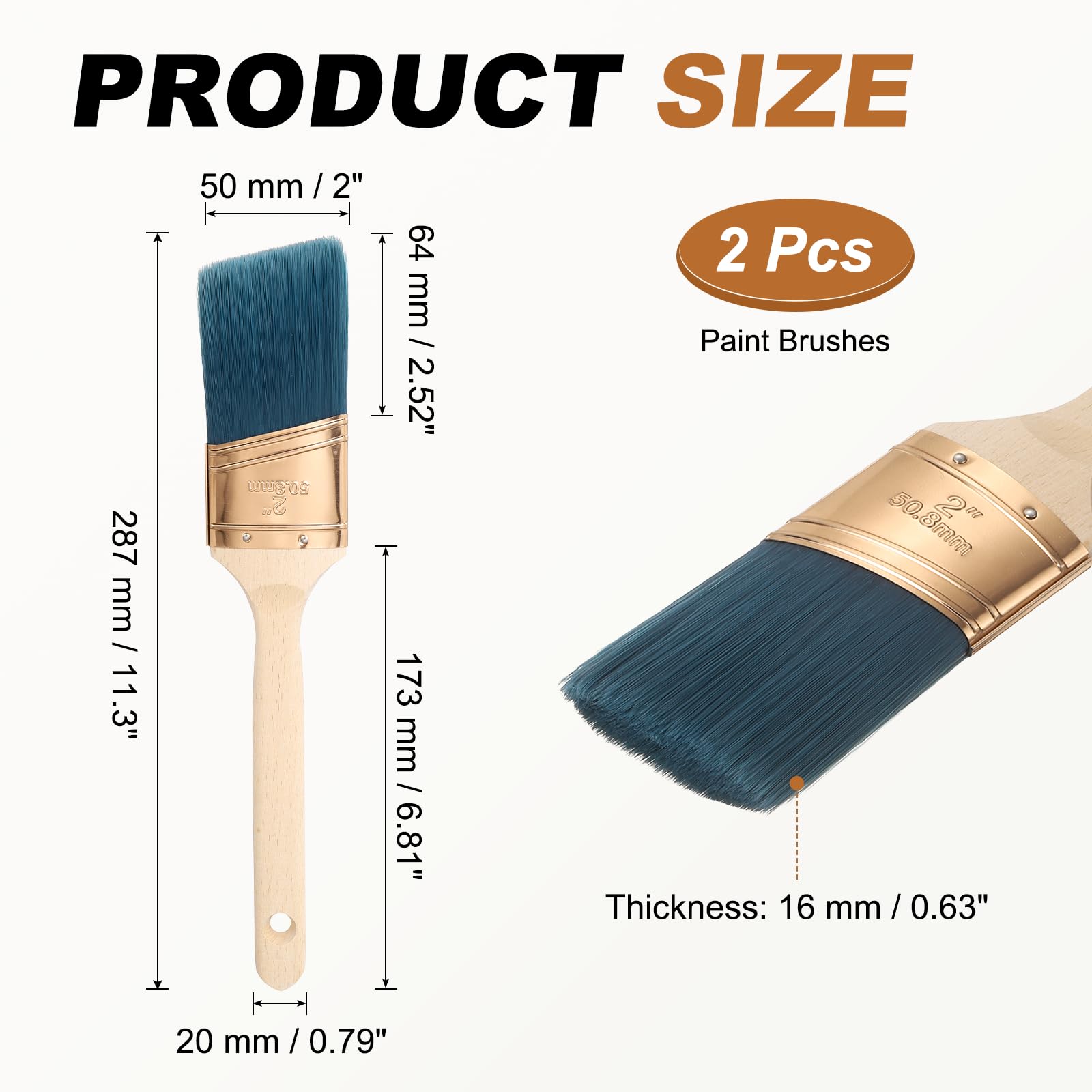 sourcing map 2 pennelli angolari da 5,1 cm, setole sintetiche in PET con manico in legno, pennelli lunghi per pittura acrilica, strumenti professionali per pittura ad olio in lattice, blu