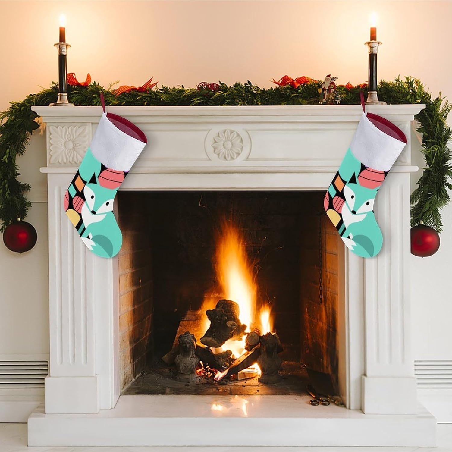 16.5 Inch Christmas Stockings with Plush Cuff - Colorful Fox Art Large Red Xmas Stockings for Fireplace Hanging, Traditional Holiday Decor for Family Christmas Party image 4
