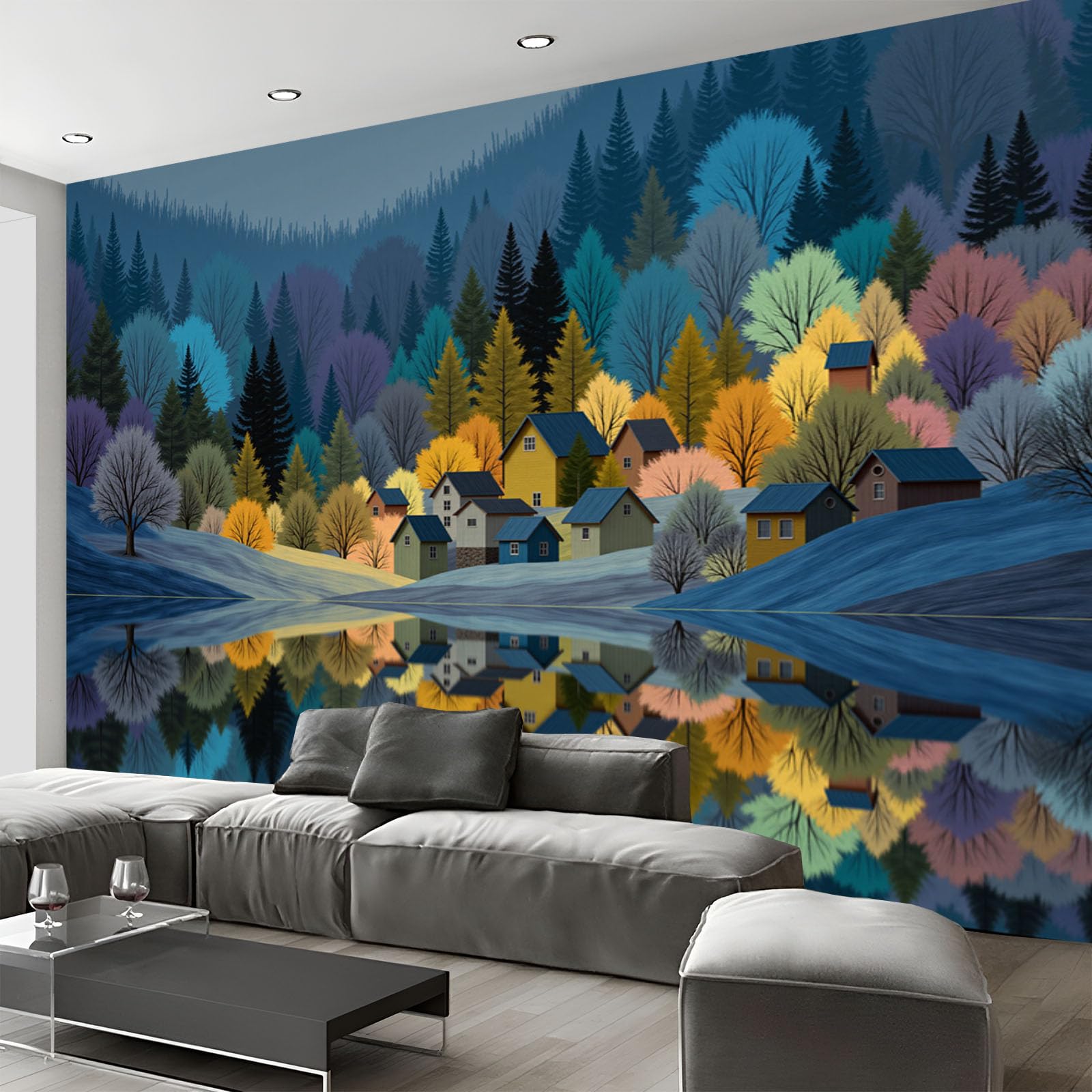 Papier peint forêt villageoise 3D paysage lacustre bleu marine