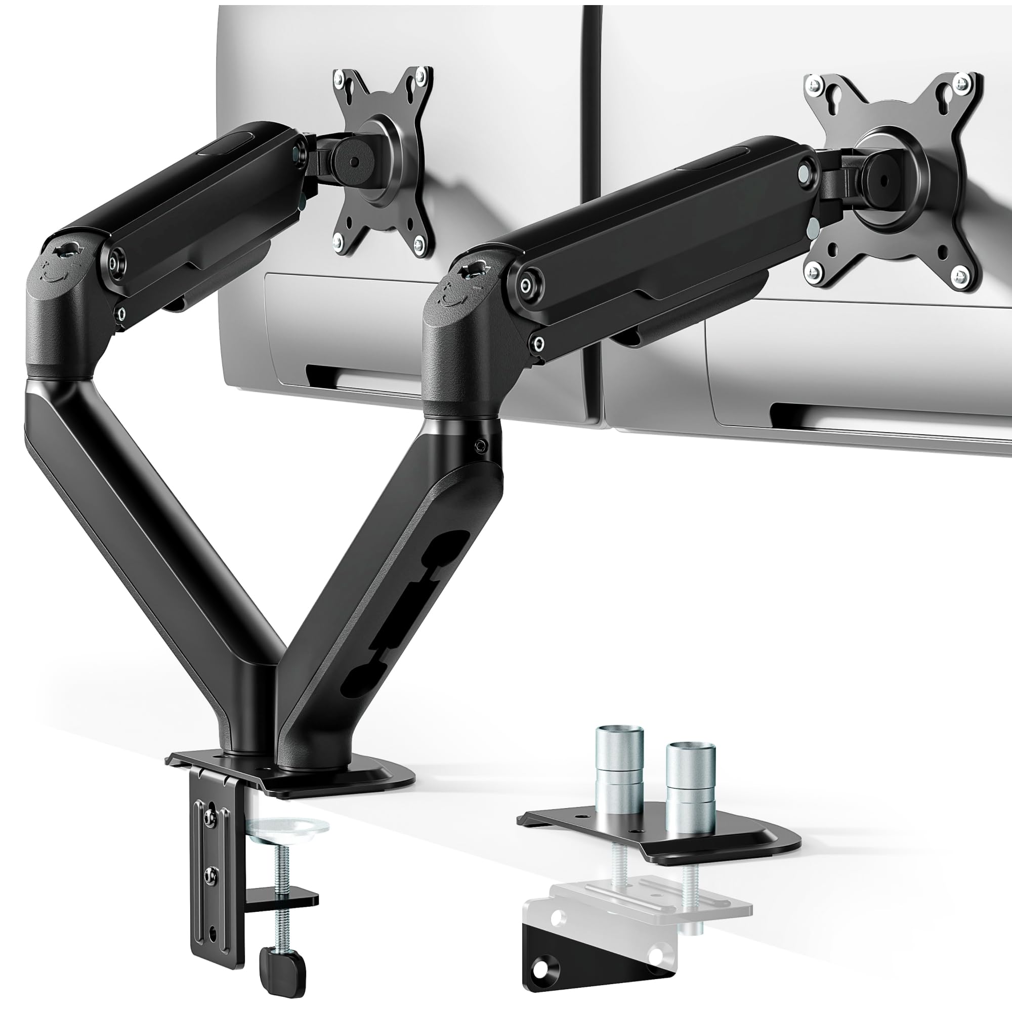 monTEK Soporte Monitor Doble 17 à 32", VESA75/100,Carga máx de 9Kg | Soporte Para Pantalla, Brazo Ajustable, Orientable, Inclinación de +90° a -45°, Fijación Mediante Abrazadera u Ojal