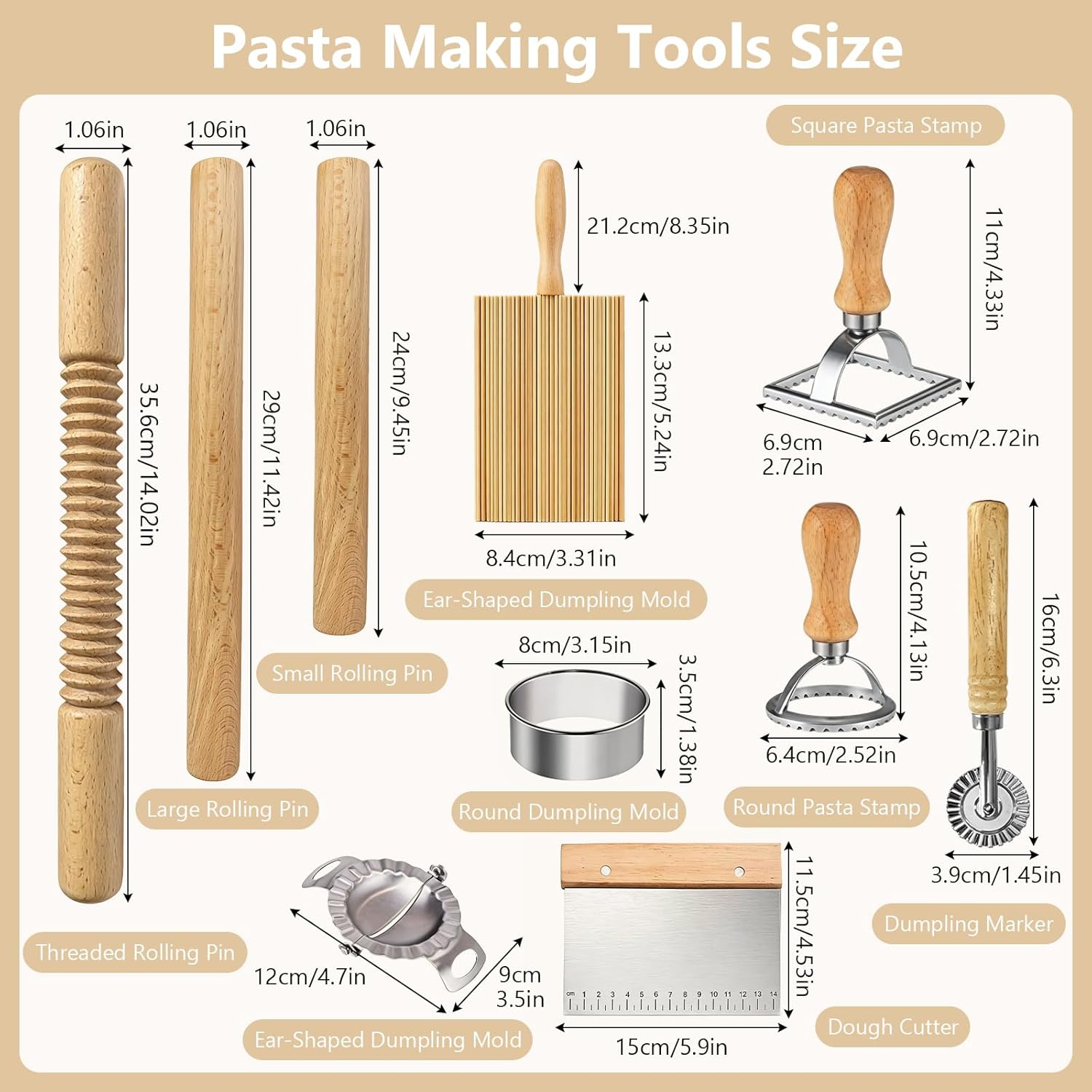 11 Pcs Pasta Making Tools-3 Size Rolling Pins，2 Dumpling Molds，Dumpling Marker，Square and Round Pasta Stamp,Dough Cutter,Pasta Drying Rack,Gnocchi Board,Pasta Making Kit Accessories for Home