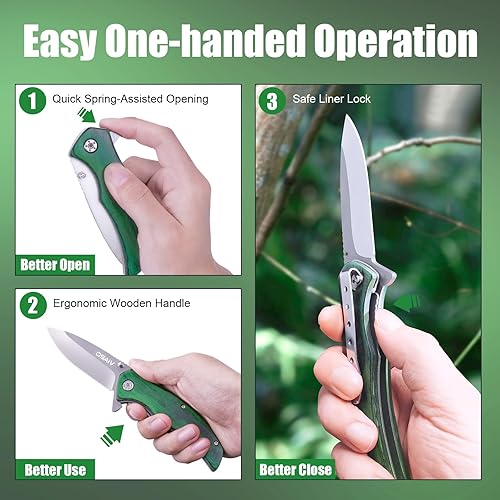 Miniatura 2 de OSAIV Cuchillo de madera plegable de bolsillo, velocidad segura de apertura asistida por resorte, cuchillos tácticos EDC con bloqueo de forro,