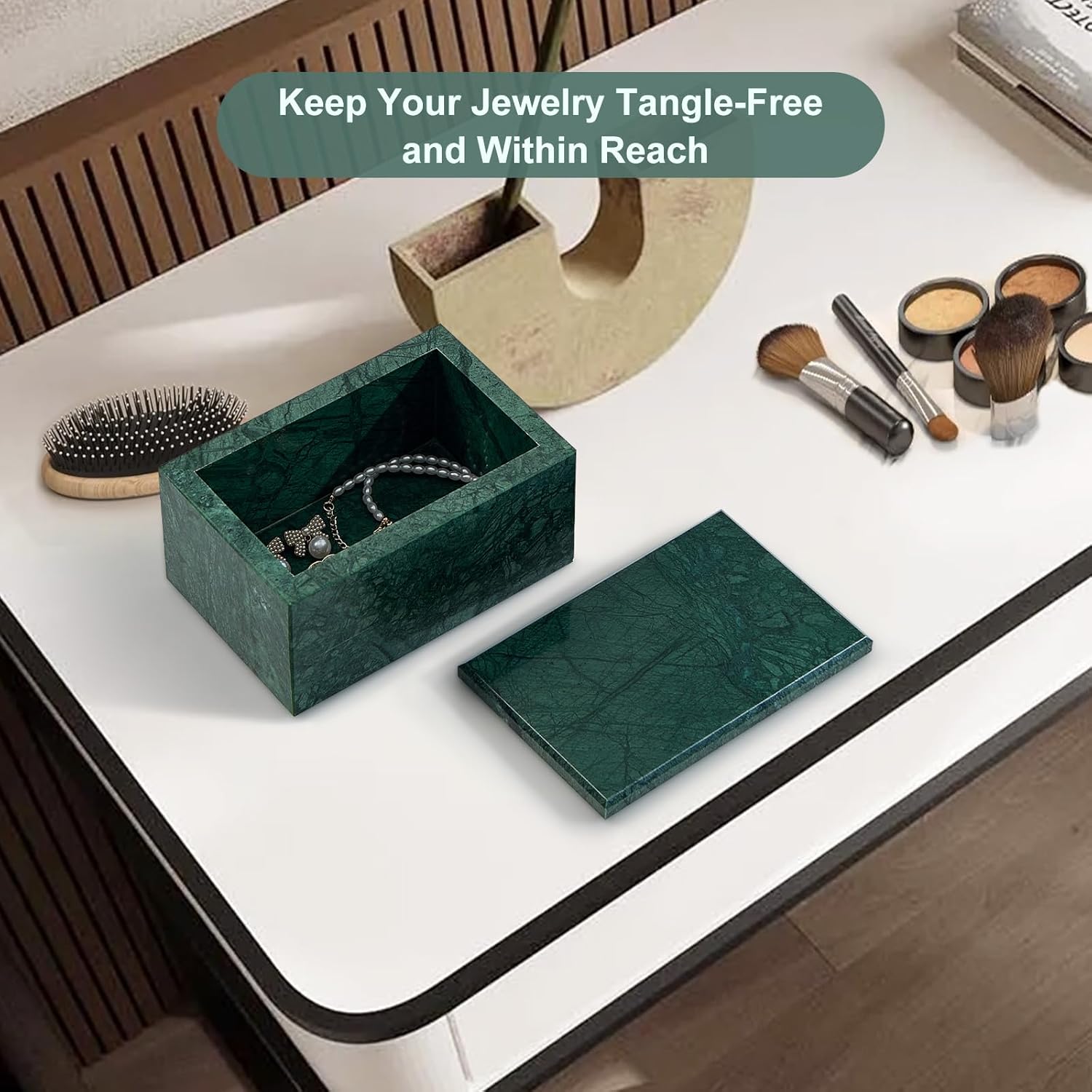 Natural Marble Storage Box with Lid, Rectangular Stone Organizer Box for Jewelry, Cotton Swabs, Makeup, 5.9x3.9x3.1 Inch Luxury Home Decor Marble Keepsake Box (Green)