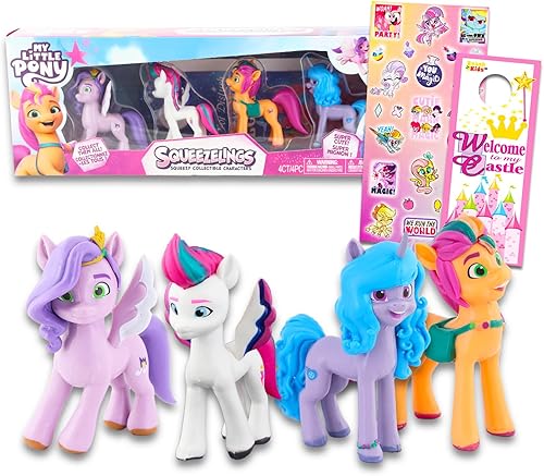 MLP - Juego de juguetes para apretar  Paquete de 3 piezas con juguetes para apretar MLP, calcomanías MLP y colgador de puerta de princesa de playa disponible en Yaxa El Salvador