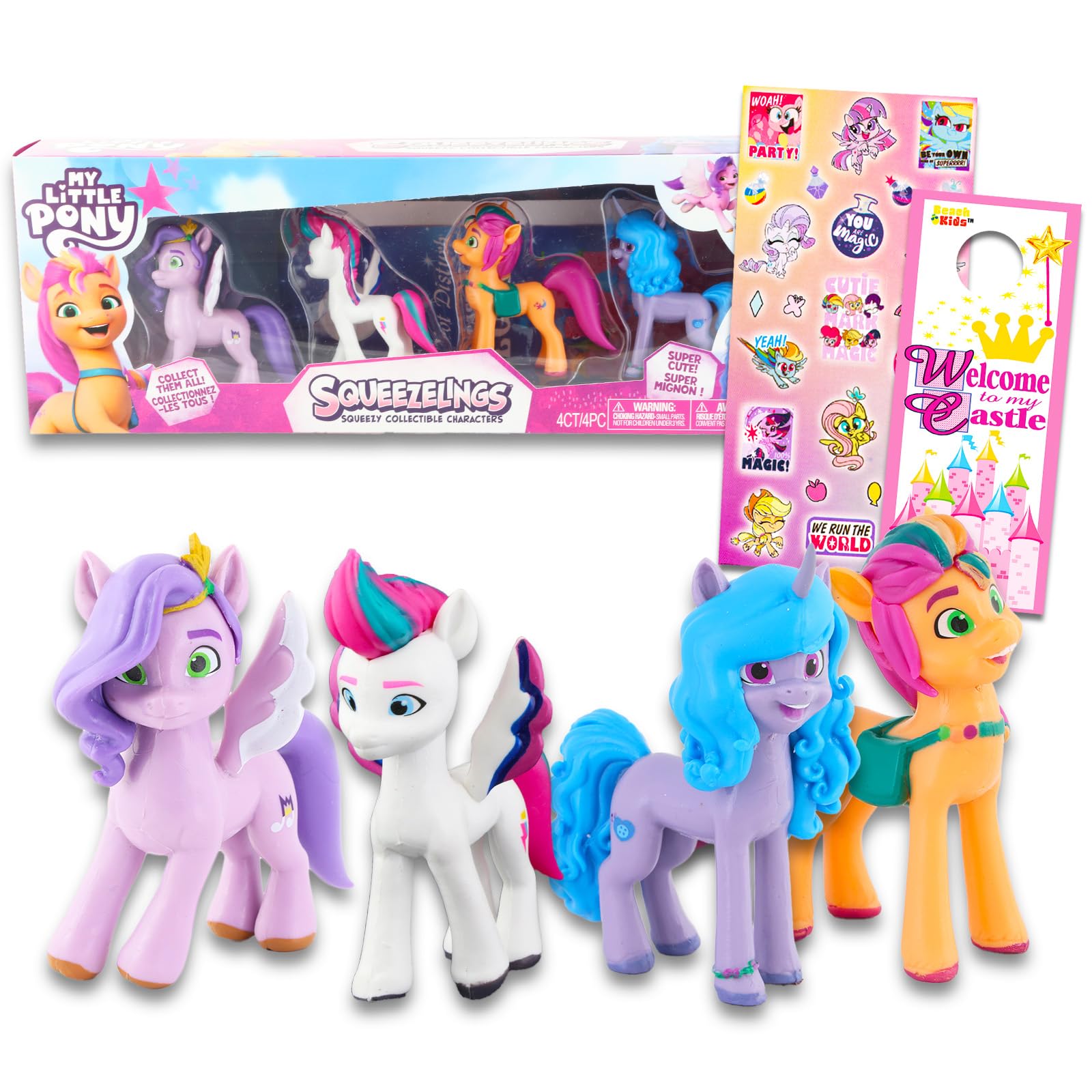 Screen Legends MLP Squeezeling Toy Set - 3 Pc Bundle with MLP Squeezeling Toys, MLP Stickers, and Beach Kids Princess Door Hanger | MLP Squishable Toys for Girls