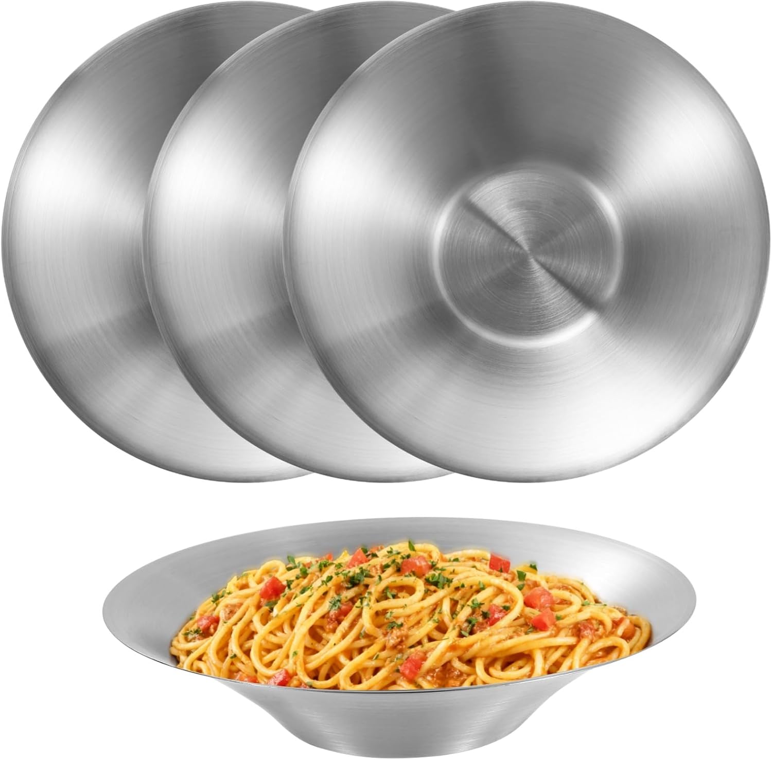 4 Pcs Stainless Steel Dinner Plates, 8.3 in, Salad Bowls, Spaghetti Serving Platters, Catering Trays, Metal Camping Plates Set, Drop Resistant & Stackable