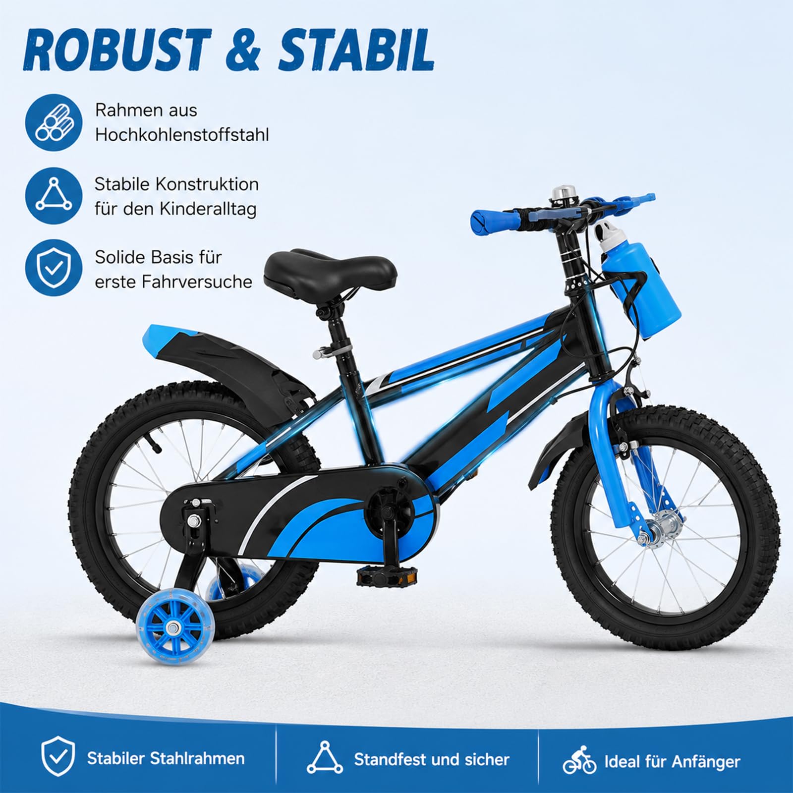 14-Zoll-Kinderfahrrad, Jungen und Mädchen Fahrrad Kinder mit Stützräder und Wasserflasche, Kinderfahrrad ab 3 Jahre mit Duales Bremssystem, HöHenverstellbar, Robust und Stabil