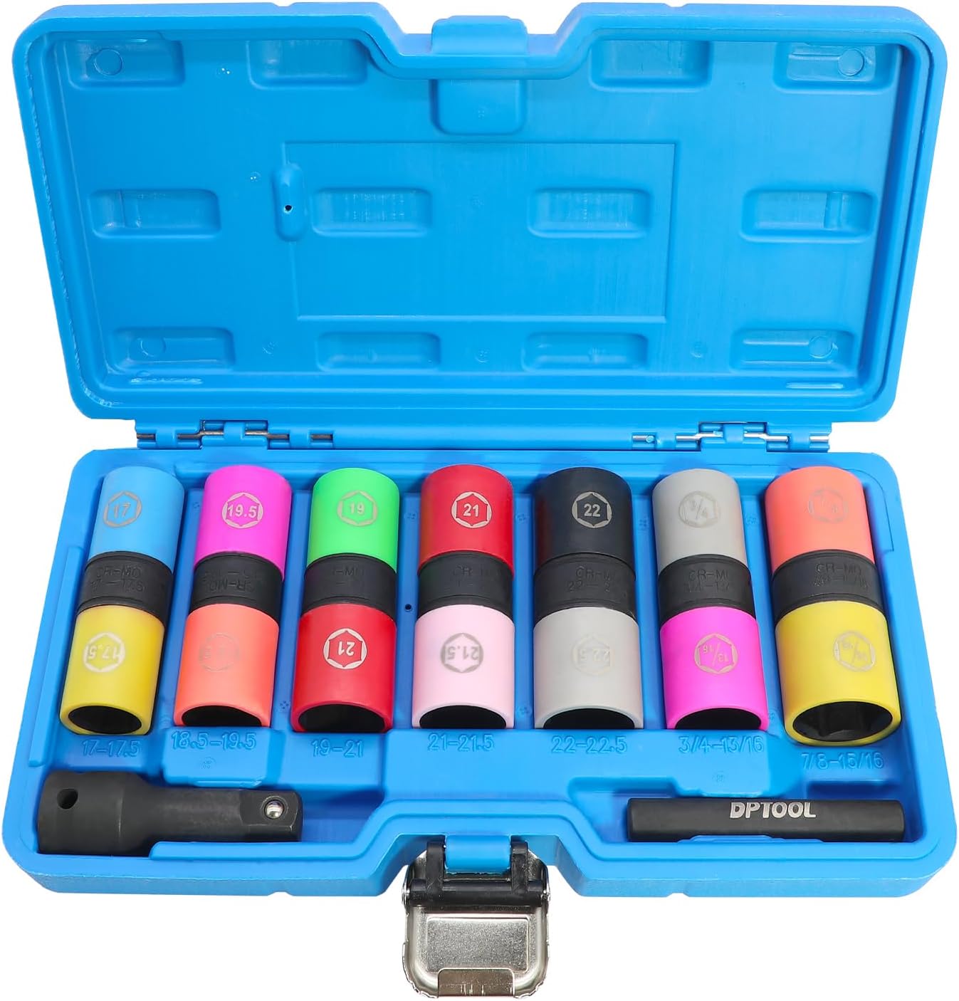 Lug Nut Socket Set 1/2" Drive Impact Half Size SAE Metric 17 17.5 18.5 19.5 19 21 21.5 22 22.5mm 3/4, 13/16, 7/8, 15/16 In. Wheel Lug Nut Remove Thin Wall Non Marring Flip Socket Set with Extension