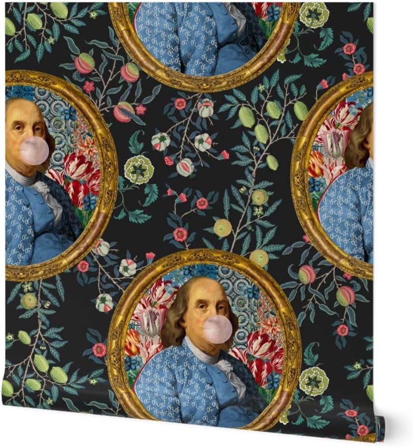 Peel & Stick Wallpaper 6ft x 2ft - Bubblegum Ben Franklin President Floral Print Charcoal Novelty Custom Removable Wallpaper by Spoonflower