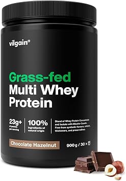 Vilgain Grass-Fed Multi Whey Protein Chocolate Hazelnut 900 g| 3 Protein Sources for Extended Release | Digestive Enzyme Complex | Natural Stevia Sweetened Shake | Low Sugar & Fat | 23g Protein