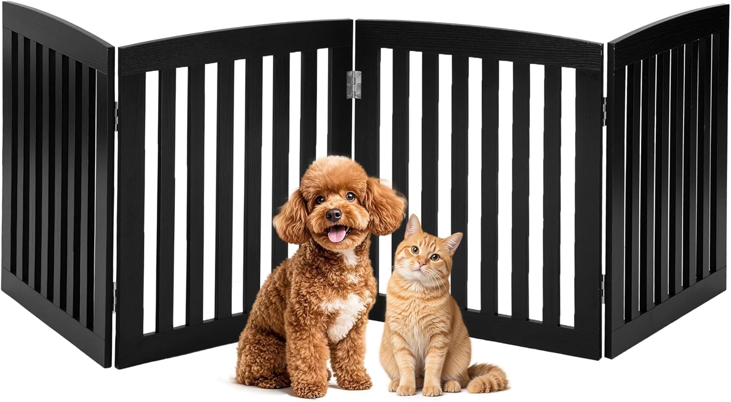 DUMOS Pet Gate for Dogs and Cats, 24 Inch 4 Panels Foldable Wooden Freestanding Dog Gate with Hinge Design, Indoor Portable Extra Wide Dog Fence Pet Barrier for Doorways, Stairs, Kitchen, Black