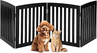 DUMOS Pet Gate for Dogs and Cats, 24 Inch 4 Panels Foldable Wooden Freestanding Dog Gate with Hinge Design, Indoor Portable Extra Wide Dog Fence Pet Barrier for Doorways, Stairs, Kitchen, Black