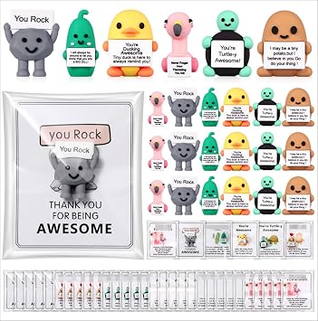 Gejoy 24 Sets Mini Positive Figures Gifts Mini Rubber Toy with Positive Card Bags End of Year Gifts Miniature Emotional Inspirational Birthday Encouragement Decorations for Staff Coworkers Employees