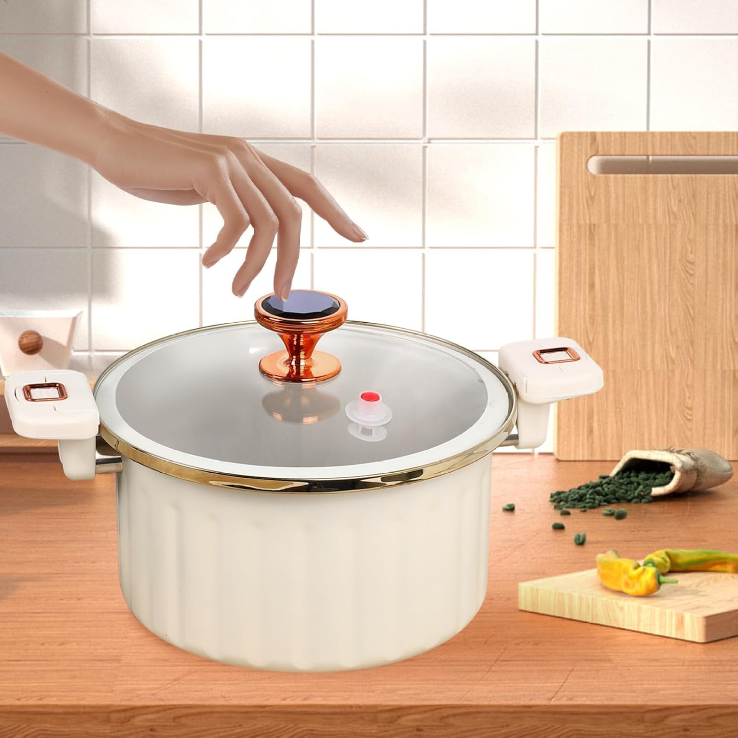 Enamel Pot 5L Non-stick Micro Pressure Cooker with Secure Lock Spill-proof Enamel Stock Pot with Lid Silicone Valve Pressure Pot for Cooking,White