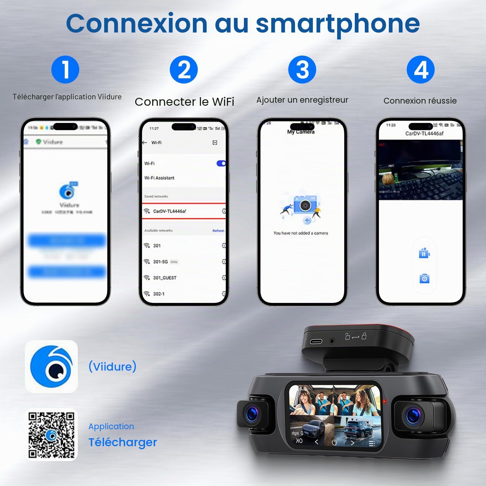 Hodozzy 4K Dashcam Voiture 360° avec WiFi, 4 Caméras Avant Arrière Intérieur Gauche, Nachtsicht Ohne Licht, Écran Tactile IPS 3", Enregistrement en Boucle, Capteur G, localisation GPS，Contrôle des App