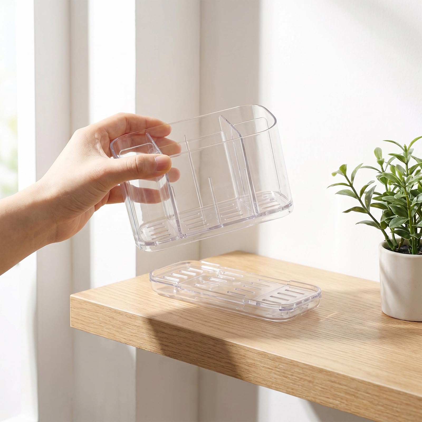 Operitacx Portaspazzolino e Dispenser Dentifricio da Parete 3 Pezzi in Pet Divisorio Rimovibile e Installazione senza Fori, per Lavabo Bagno Moderno