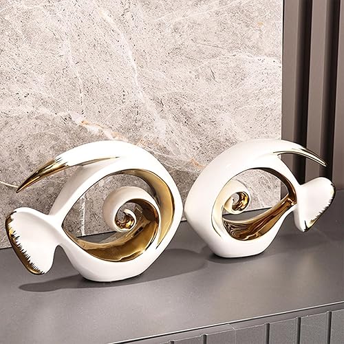 Vista 5 de Figuras de peces de cerámica de oro blanco, estatua de peces de arte abstracto moderno, decoración costera del hogar, esculturas modernas