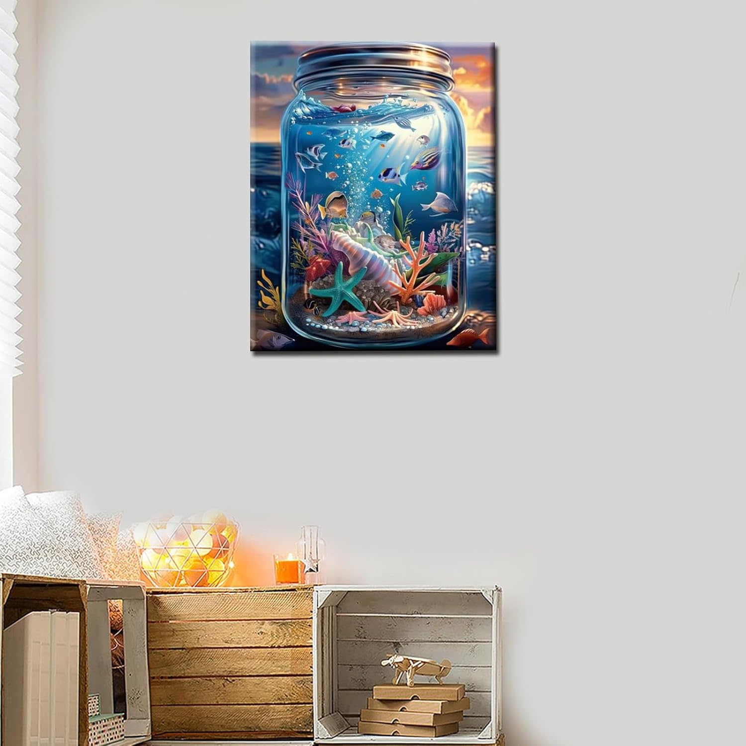 Ocean Sunshine Scenery in a Glass Jar DIY Paint by Numbers for Adults Sea DIY Oil Painting Acrylic Paint Art Marine Painting Kits Canvas with Acrylic Paints Ocean World Art 16x20 Inch（DIY Frame ）