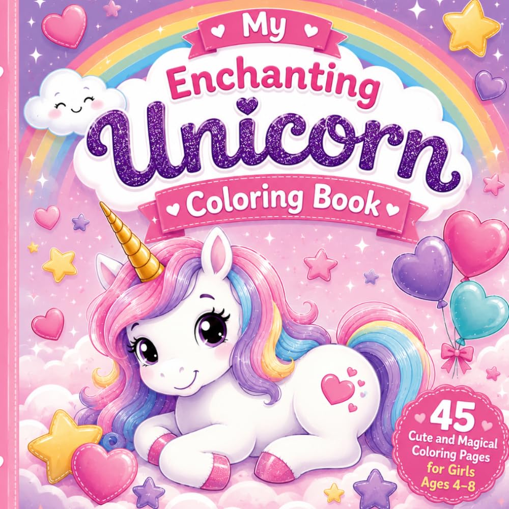 My Enchanting Unicorn Coloring Book: 45 Cute and Magical Coloring Pages for Girls Ages 4-8