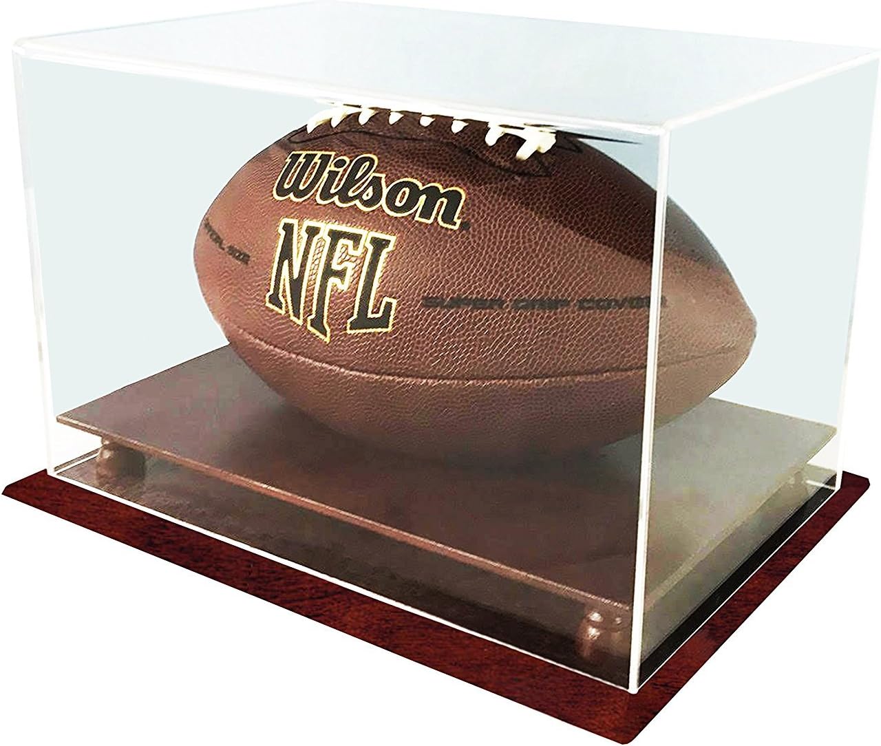 DECOMIL - UV Protection Football Display Case Holder, All 4 Sides Visible, Solid Wood Base - Cherry Finish : Sports & Outdoors
