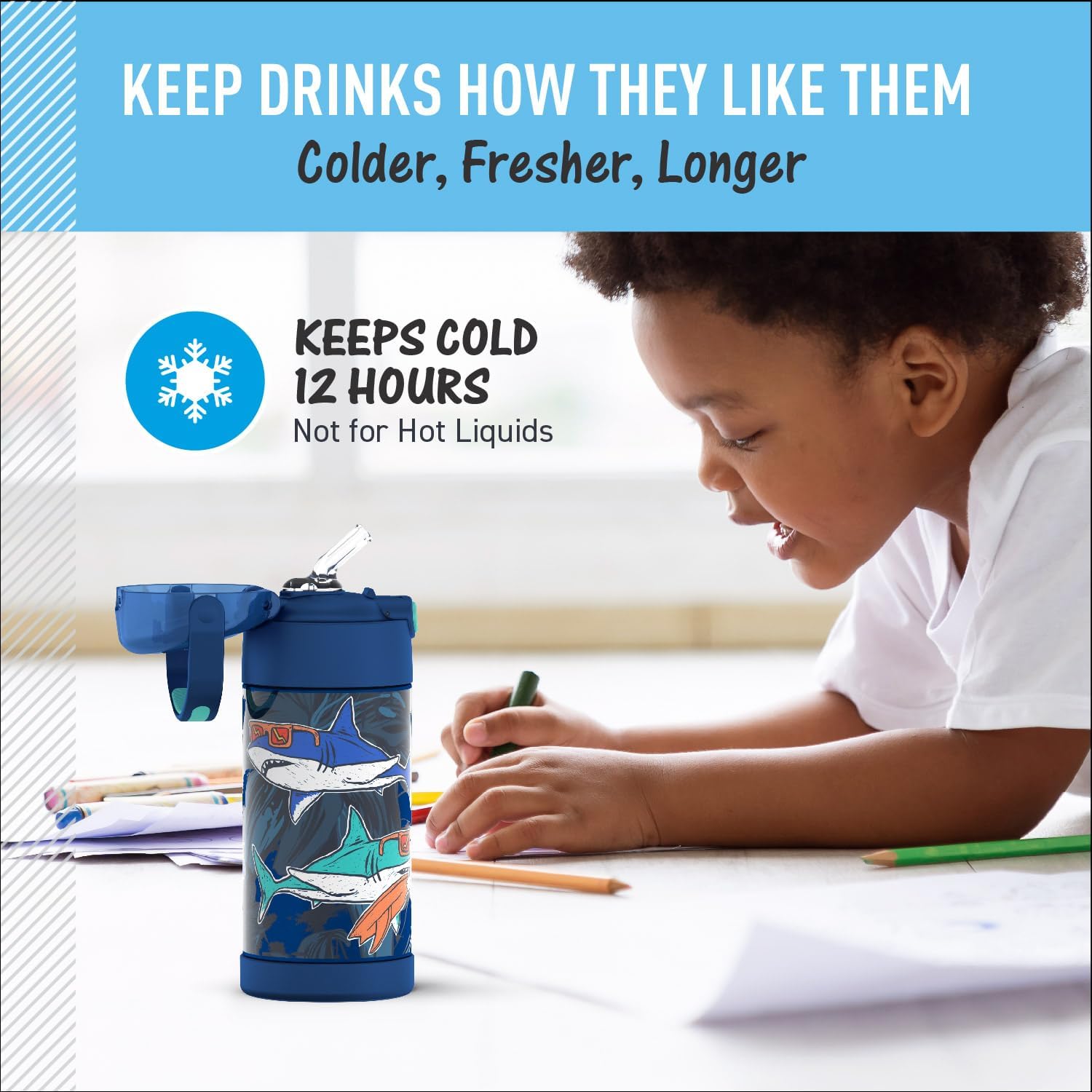 THERMOS FUNTAINER Water Bottle with Straw - 12 Ounce - Kids Stainless Steel Vacuum Insulated Water Bottle with Lid, Surfin Sharks - Image 5