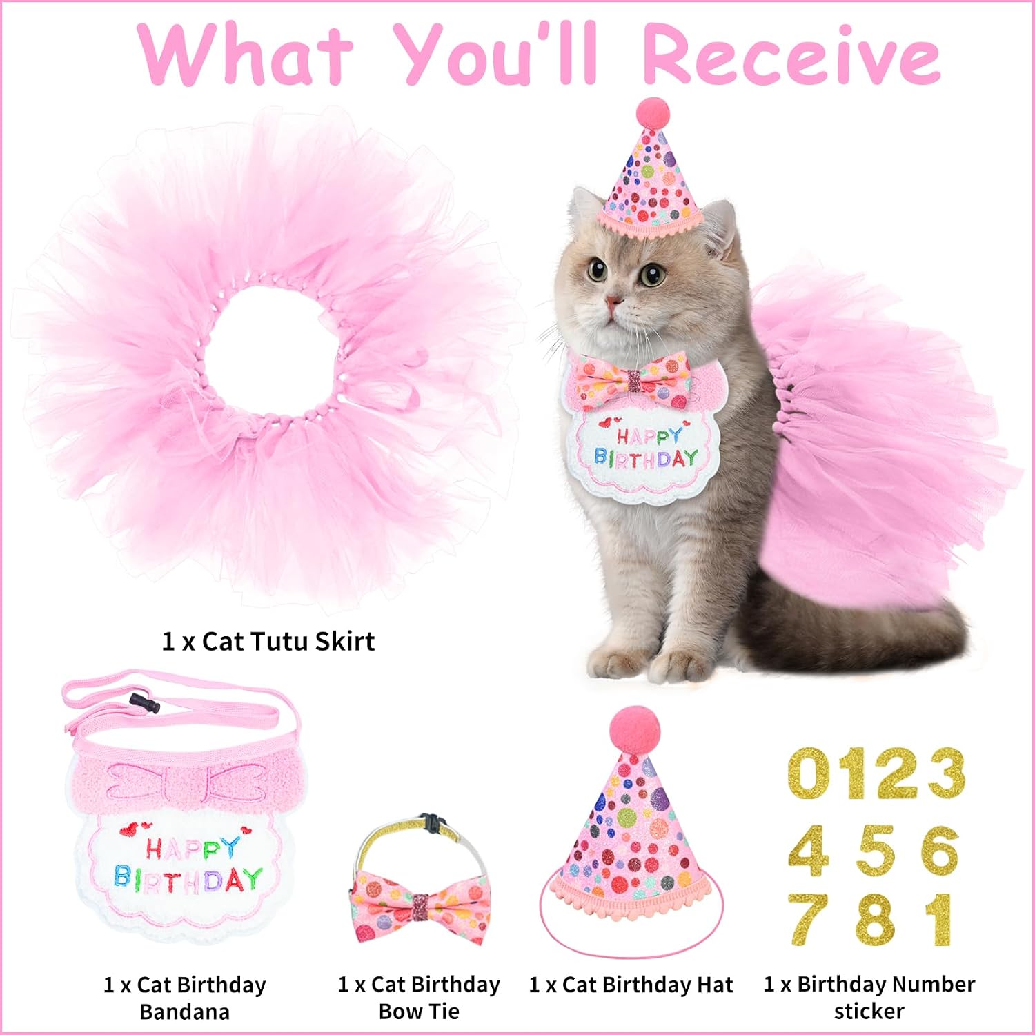 5Pcs Cat Birthday Decorations, Adjustable Cat Birthday Hat Bandana Tutu Skirt Collar Bow & 9 Number Stickers 0-8, Kitten Costume Outfit Decorations for Birth, Small Dog Friendly (Pink) image 2