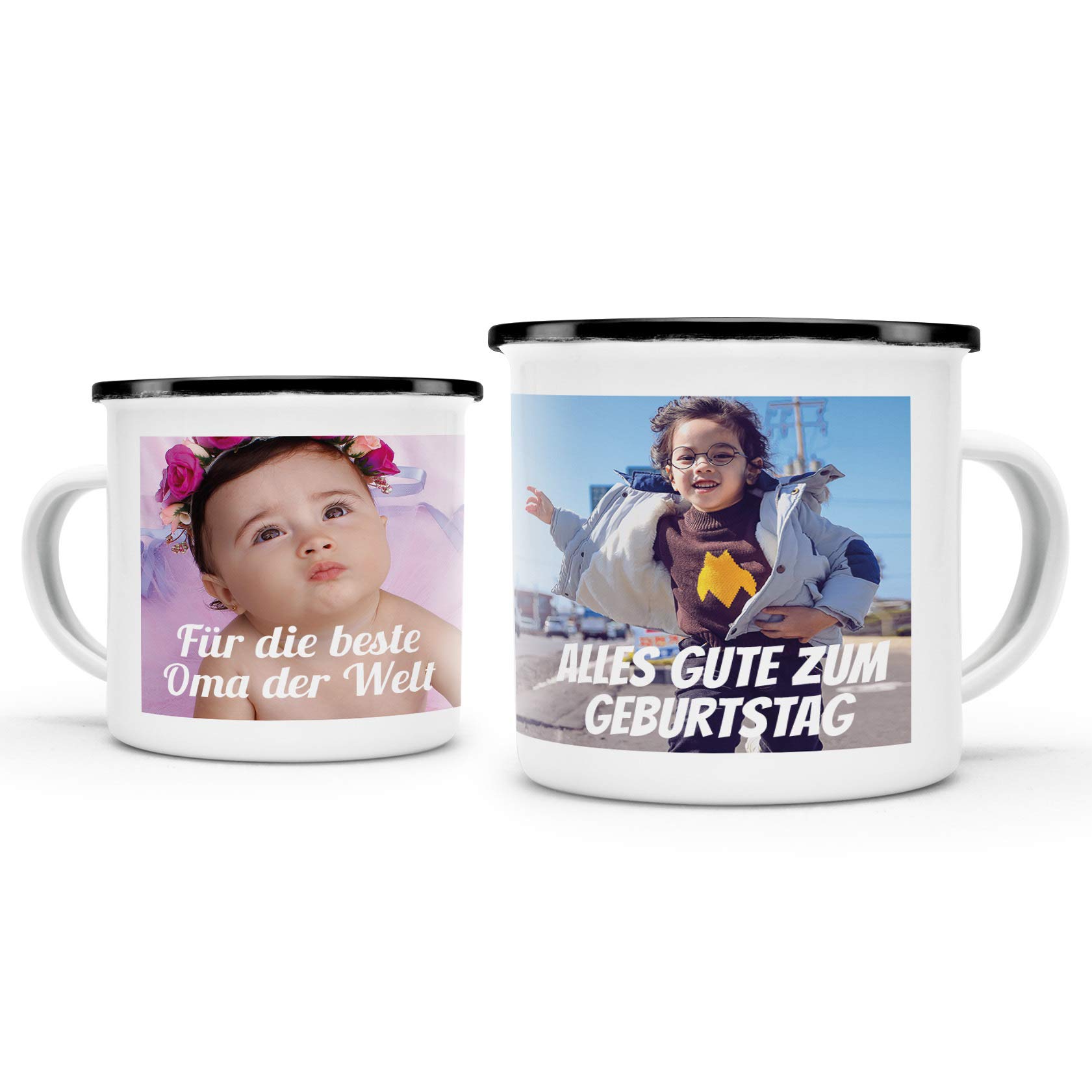 Metall-Tasse selbst gestalten/Personalisierbar mit eigenem Foto oder Text bedrucken/Fototasse/Motivtasse/Camping/Emaille - Schwarzer Rand