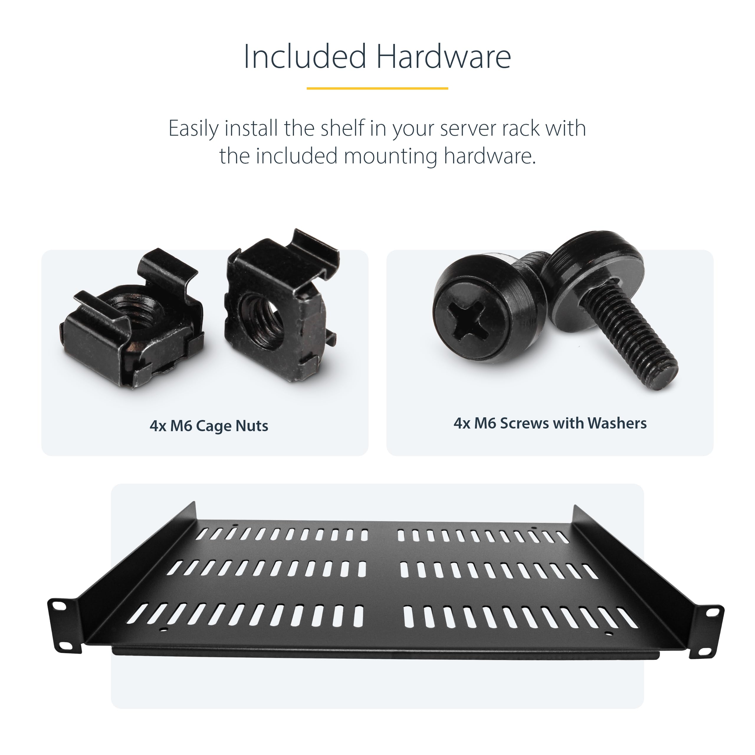 StarTech Étagère Ventilée 1U 19", 30,5cm, 25kg, Noir (SHELF-1U-12-FIXED-V) | Plateau cantilever universel, Rack serveur, Équipement réseau, Baie brassage, Acier