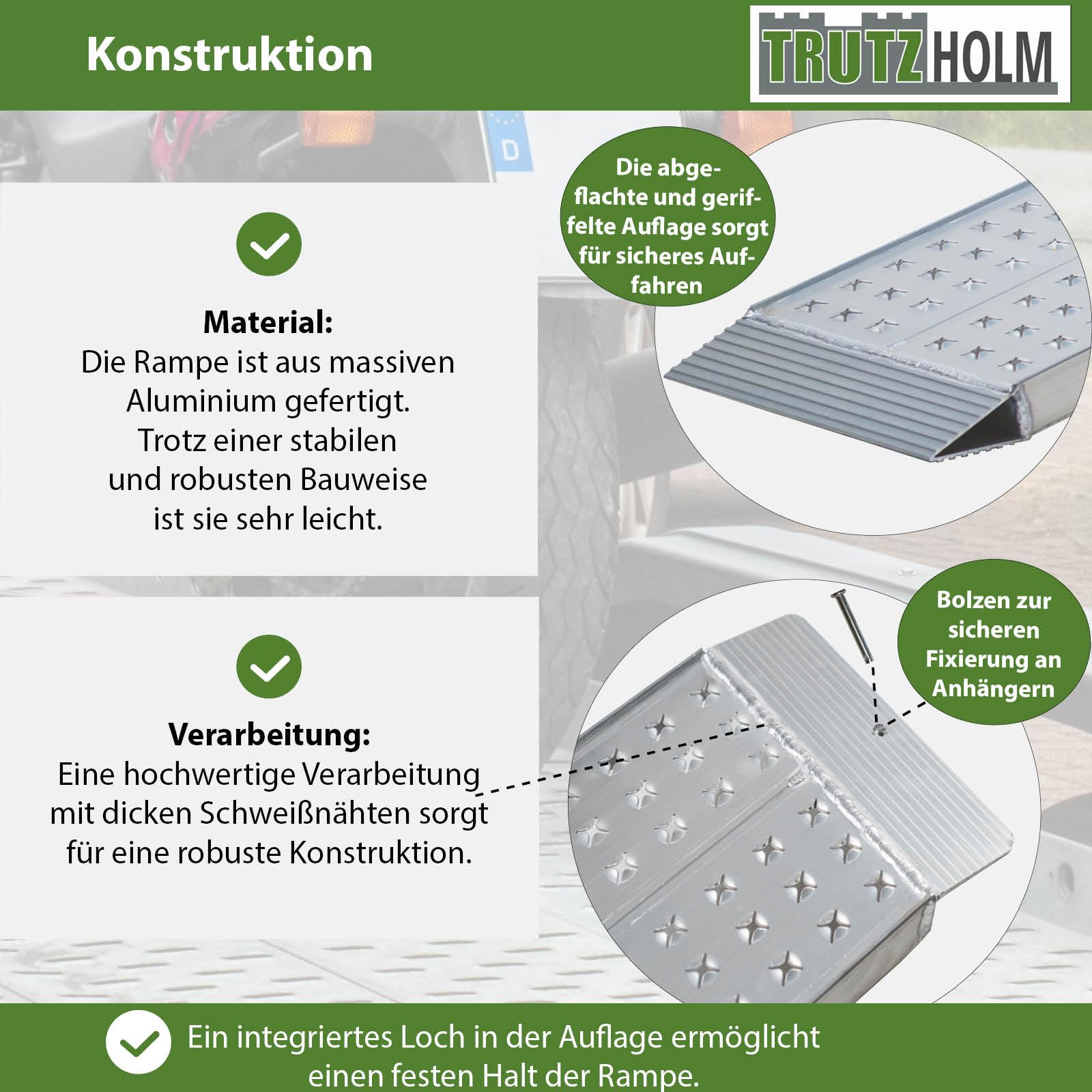 TRUTZHOLM 1x Auffahrrampe Aluminium Gesamtlänge 150 cm Breite 28 cm Traglast 270 kg gelochte rutschfeste Lauffläche Verladerampe Motorradrampe Verladehilfe Rampe für Motorrad Mofa E-Bike Fahrrad