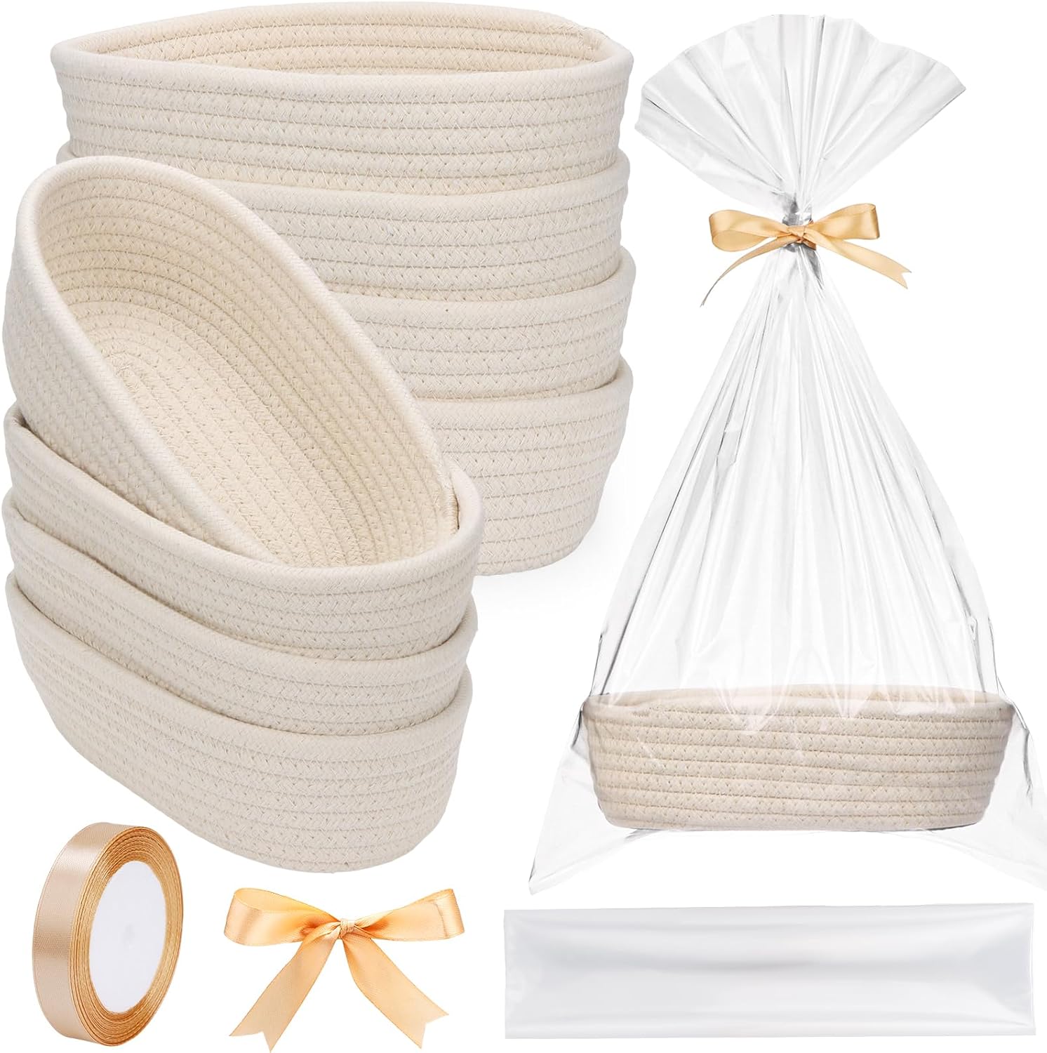 8 Pack Small Storage Basket with Gift Bag and Ribbon Oval Natural Cotton Rope Woven Basket Boho Decorative Storage Bin Gift Baskets for Home Organizing, Closet, Shelf, Nursery, Bathroom (Beige)